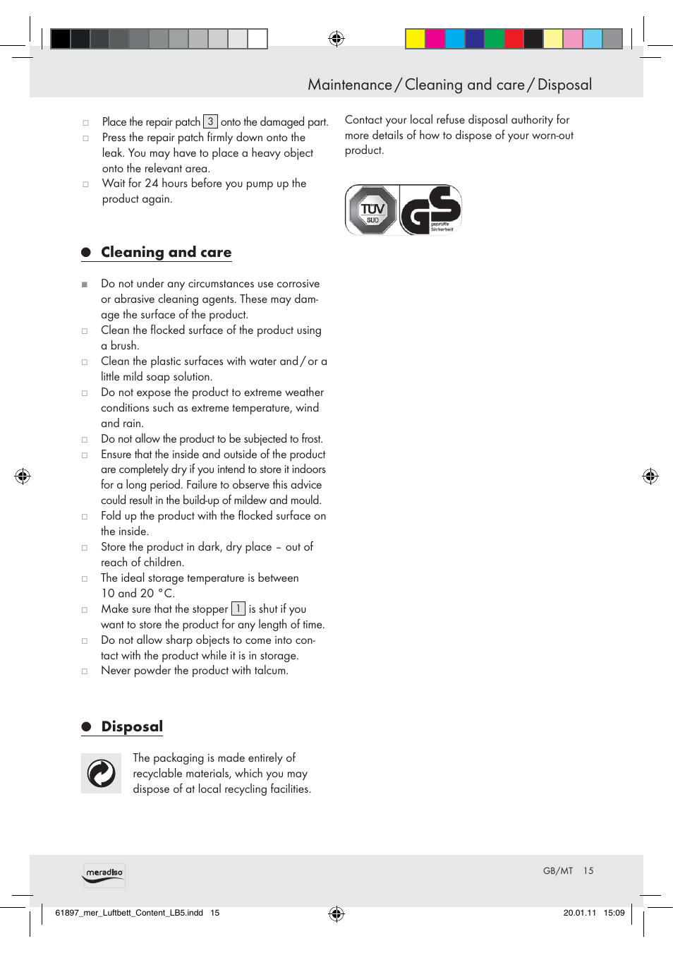 Maintenance / cleaning and care / disposal, Cleaning and care, Disposal | Meradiso Air Bed User Manual | Page 13 / 16