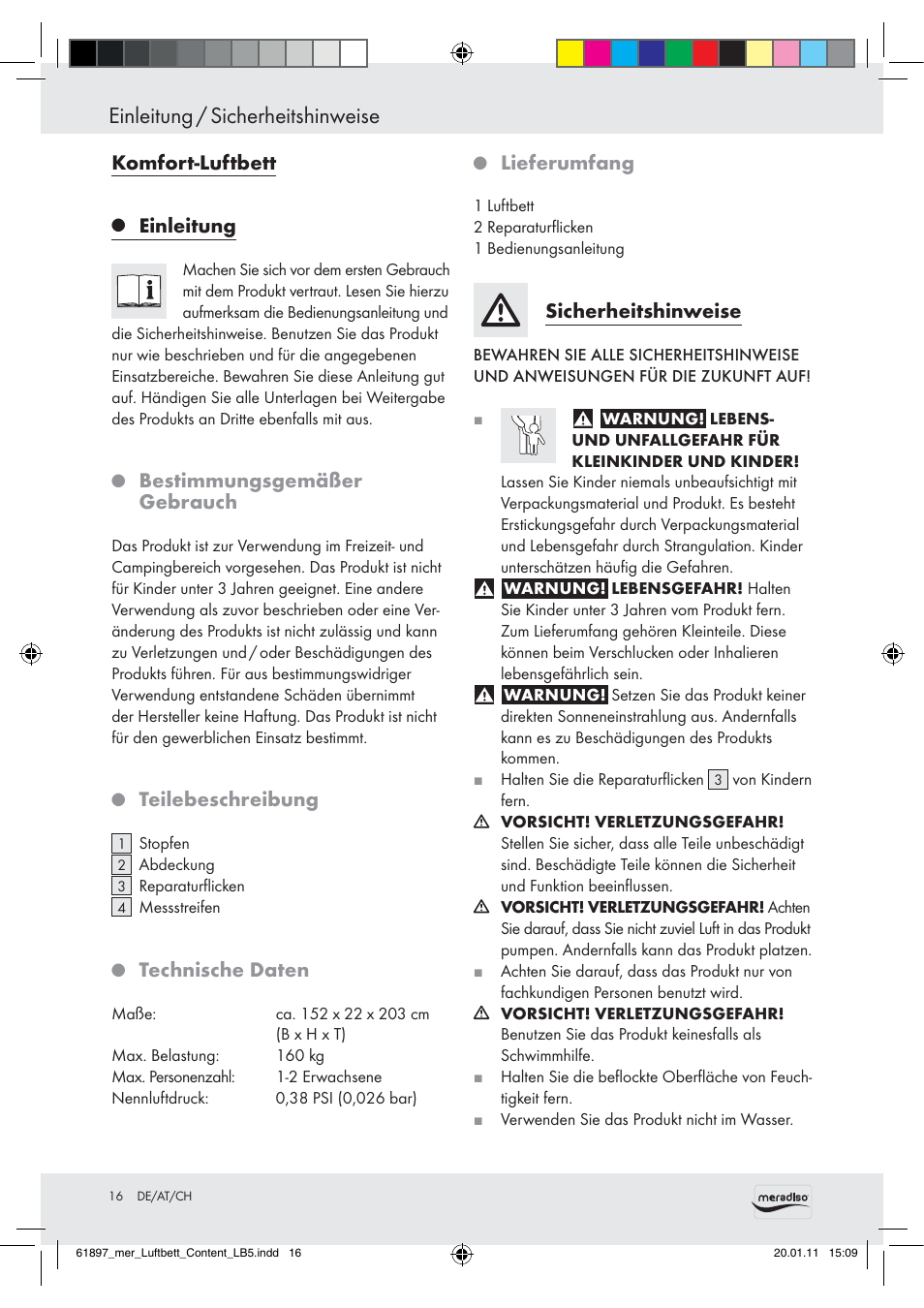Einleitung / sicherheitshinweise, Komfort-luftbett, Einleitung | Bestimmungsgemäßer gebrauch, Teilebeschreibung, Technische daten, Lieferumfang, Sicherheitshinweise | Meradiso Air Bed User Manual | Page 14 / 16