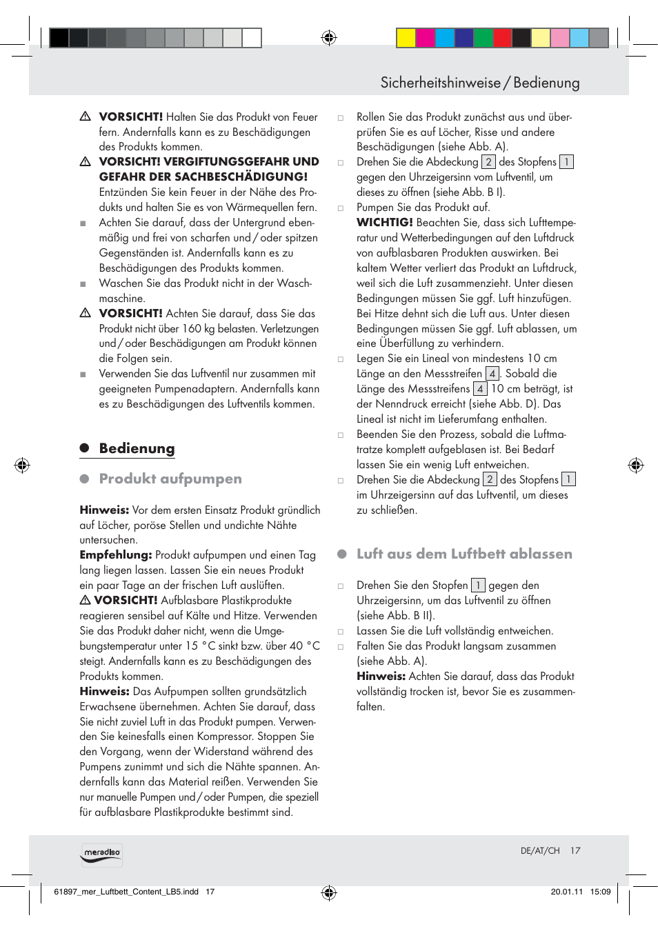 Sicherheitshinweise / bedienung, Bedienung, Produkt aufpumpen | Luft aus dem luftbett ablassen | Meradiso Air Bed User Manual | Page 15 / 16