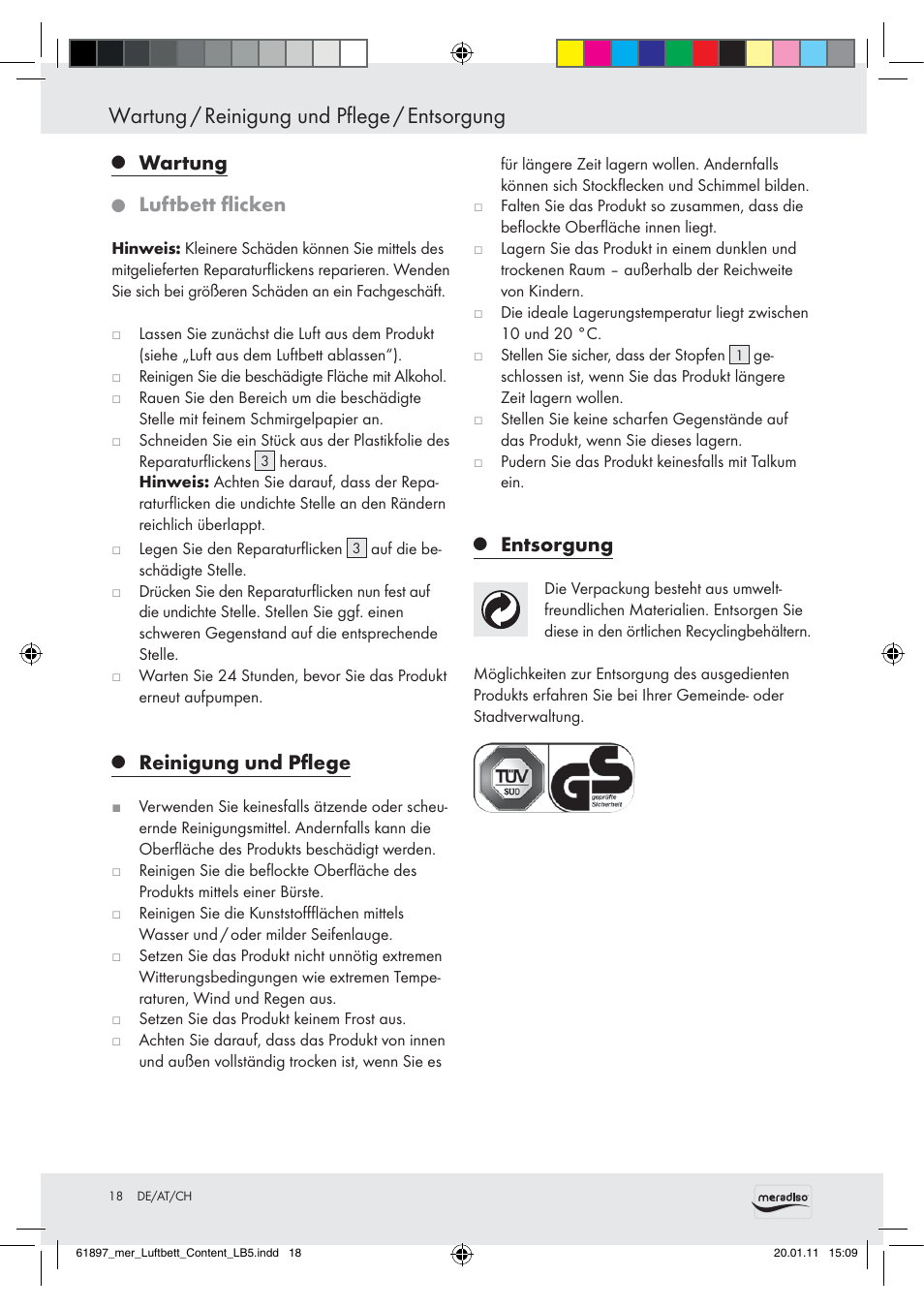 Wartung / reinigung und pflege / entsorgung, Wartung, Luftbett ﬂicken | Reinigung und pﬂege, Entsorgung | Meradiso Air Bed User Manual | Page 16 / 16