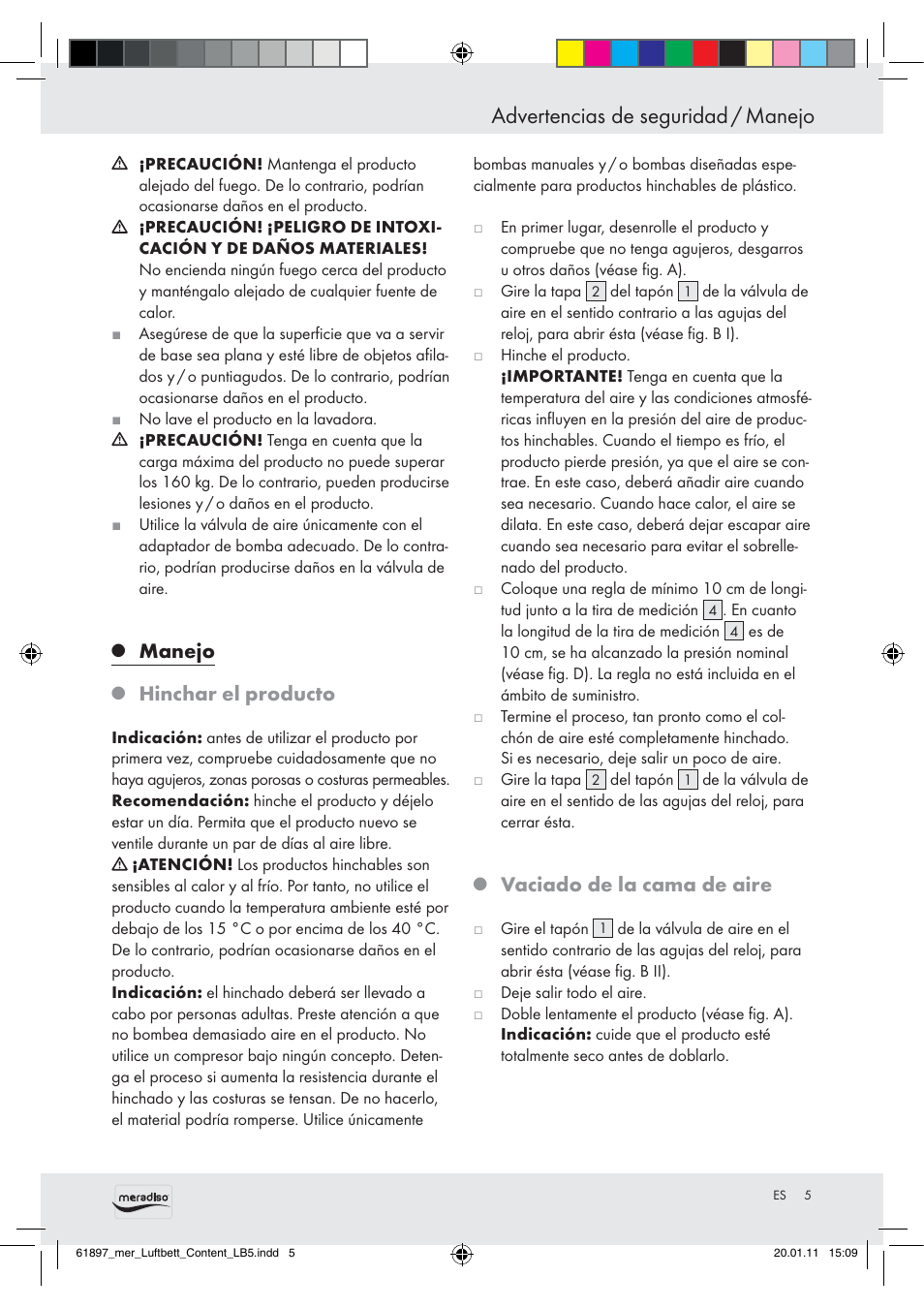 Advertencias de seguridad / manejo, Manejo, Hinchar el producto | Vaciado de la cama de aire | Meradiso Air Bed User Manual | Page 3 / 16