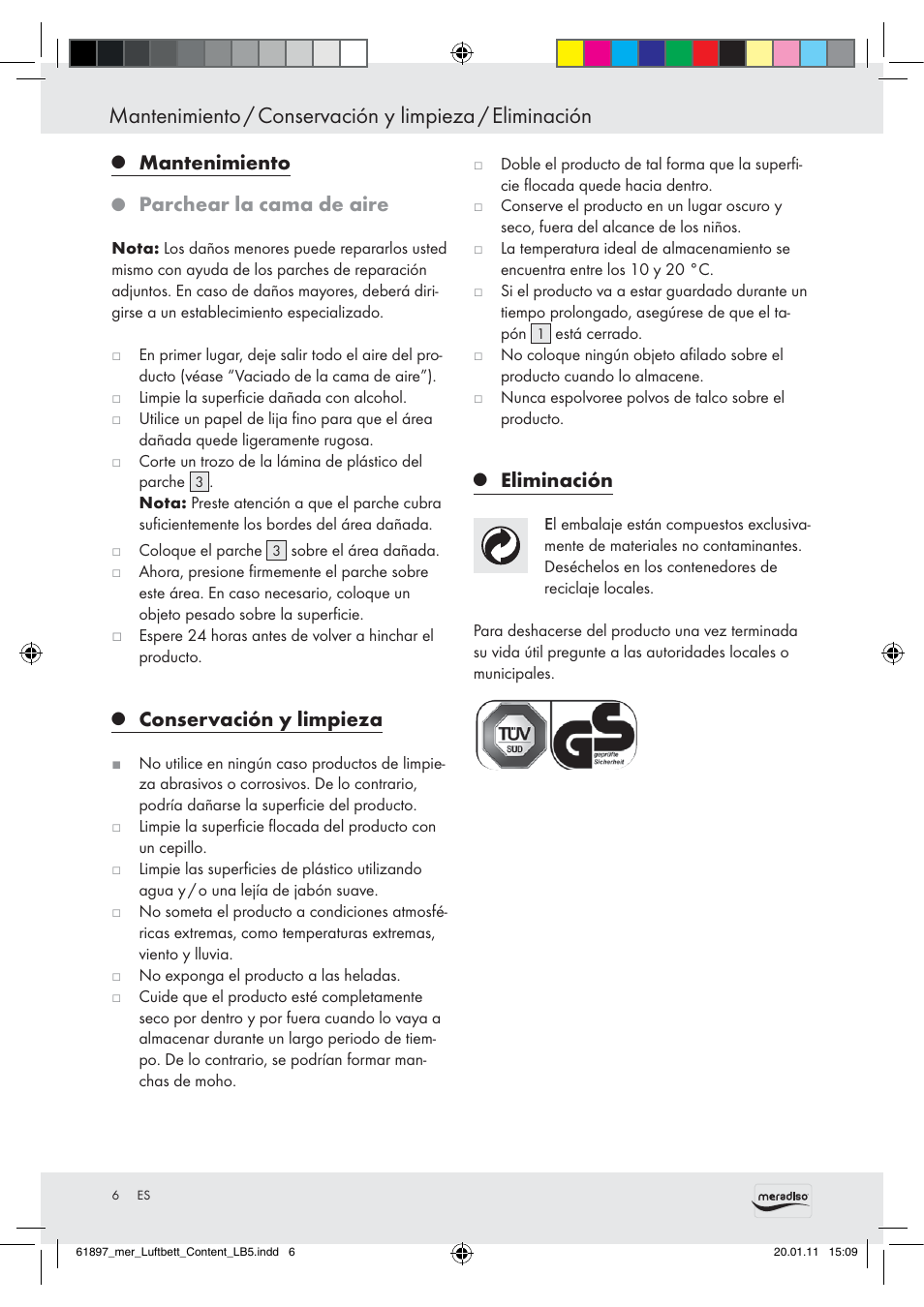 Mantenimiento, Parchear la cama de aire, Conservación y limpieza | Eliminación | Meradiso Air Bed User Manual | Page 4 / 16