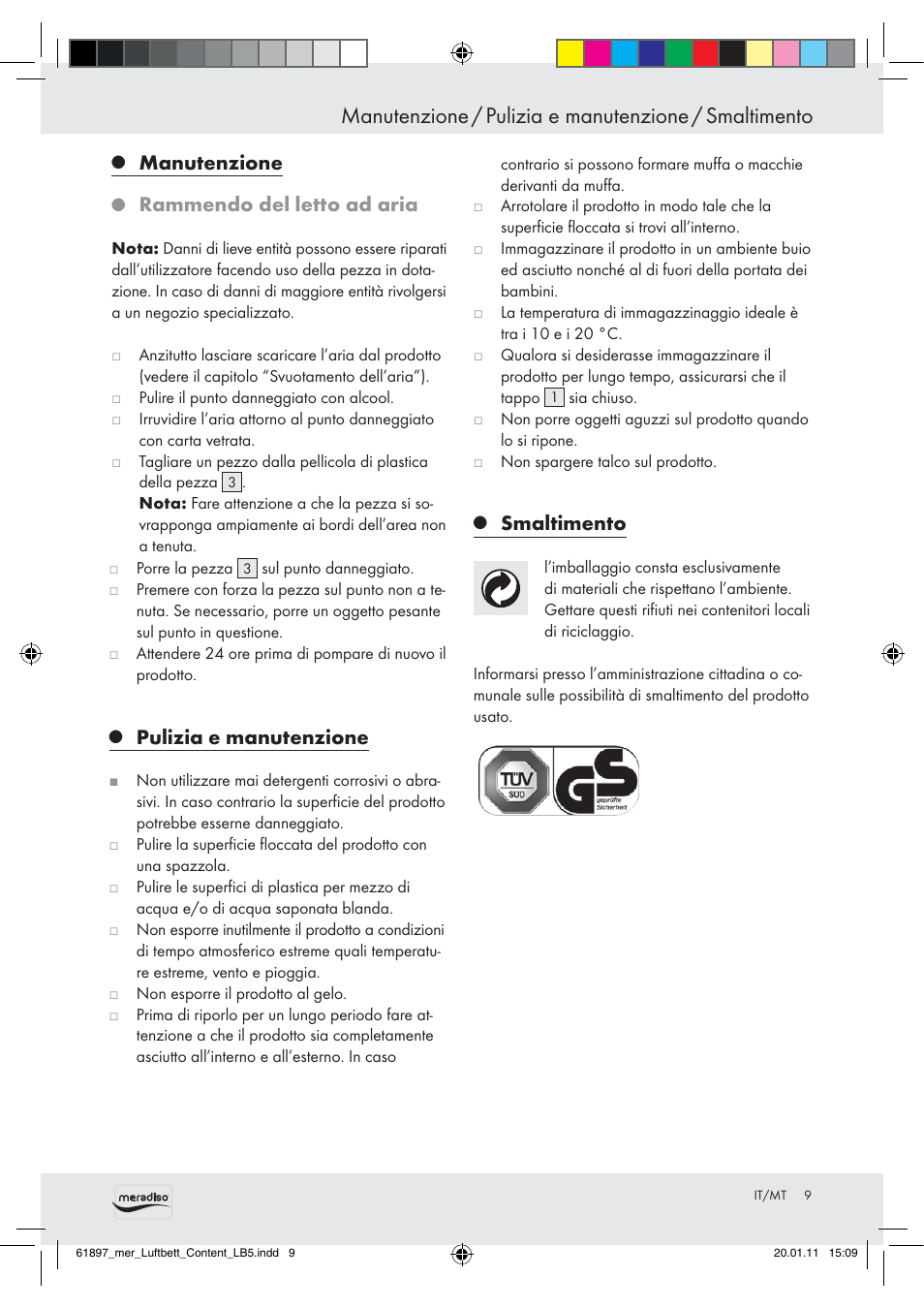 Manutenzione, Rammendo del letto ad aria, Pulizia e manutenzione | Smaltimento | Meradiso Air Bed User Manual | Page 7 / 16