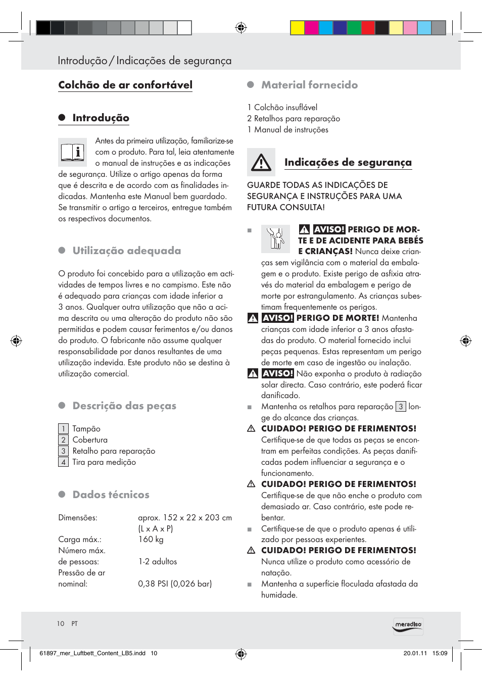 Introdução / indicações de segurança, Colchão de ar confortável, Introdução | Utilização adequada, Descrição das peças, Dados técnicos, Material fornecido, Indicações de segurança | Meradiso Air Bed User Manual | Page 8 / 16