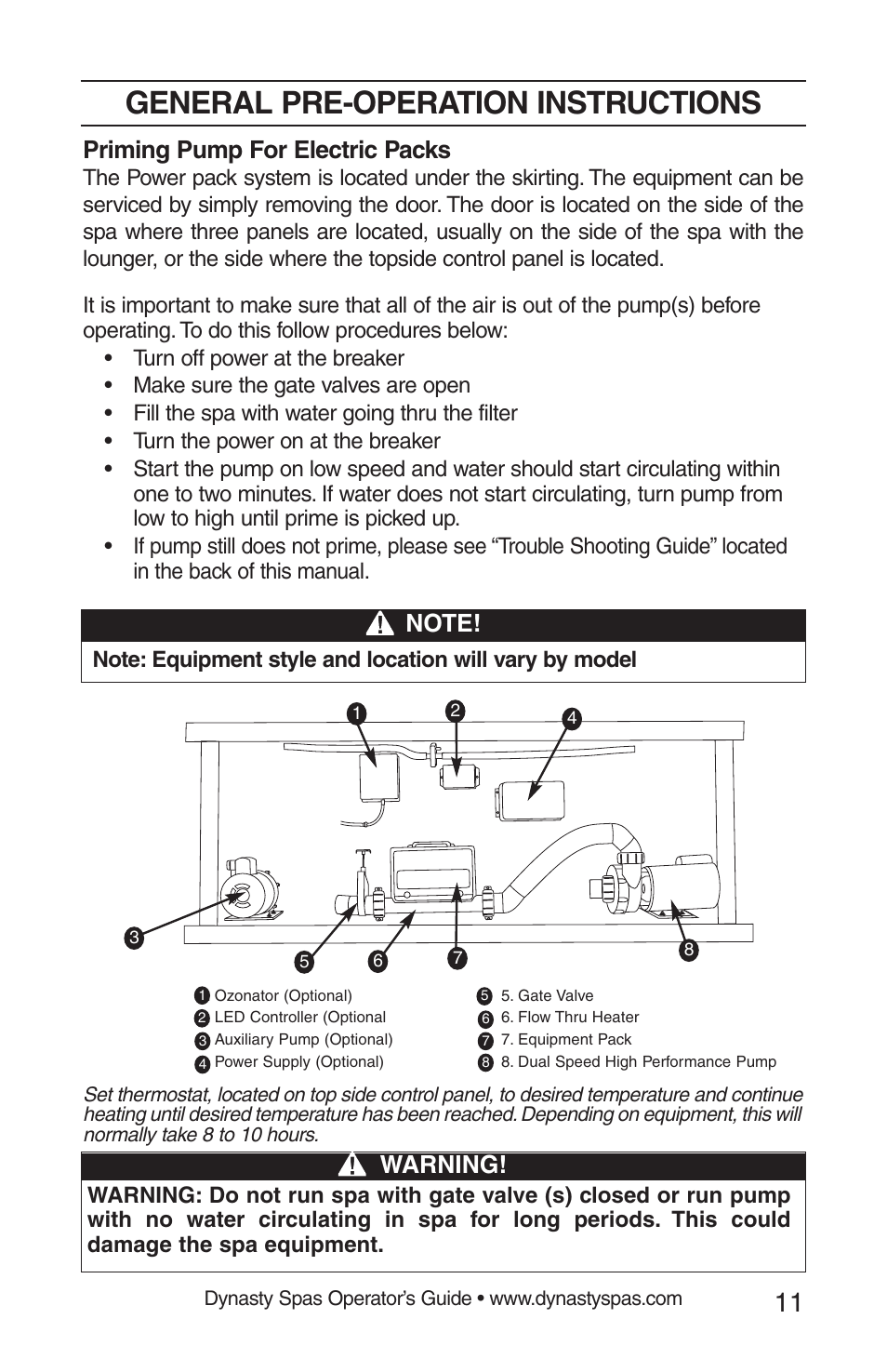 General pre-operation instructions, Priming pump for electric packs, Warning | Dynasty Spas 2008 User Manual | Page 11 / 28