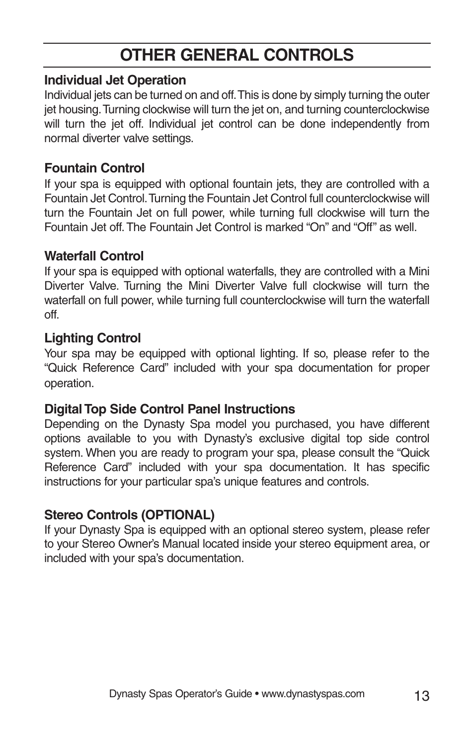 Other general controls | Dynasty Spas 2008 User Manual | Page 13 / 28