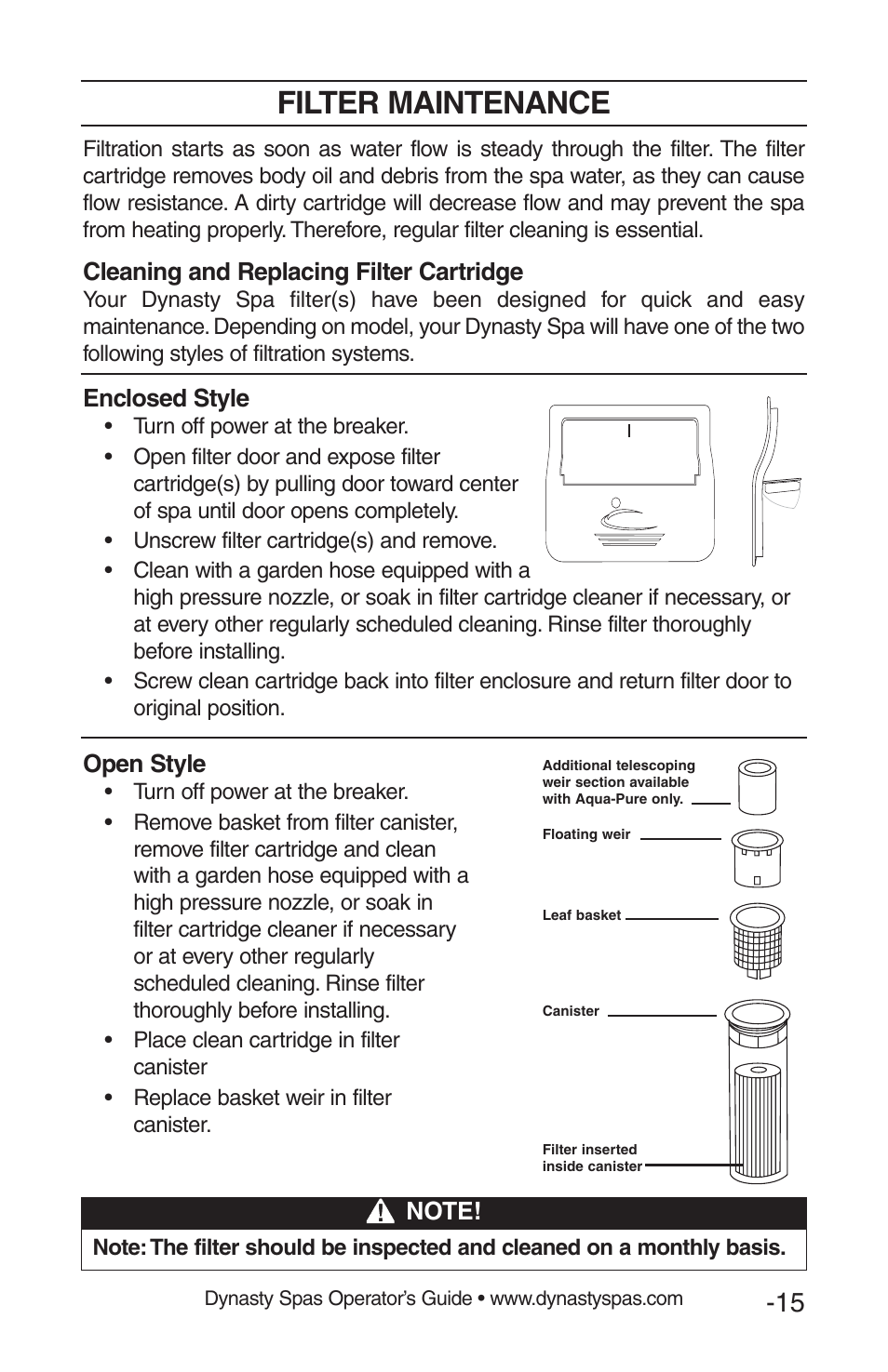Filter maintenance | Dynasty Spas 2008 User Manual | Page 15 / 28