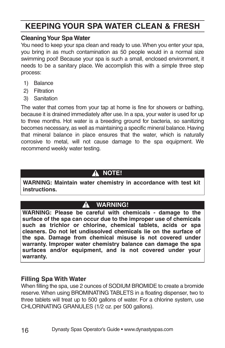 Keeping your spa water clean & fresh | Dynasty Spas 2008 User Manual | Page 16 / 28