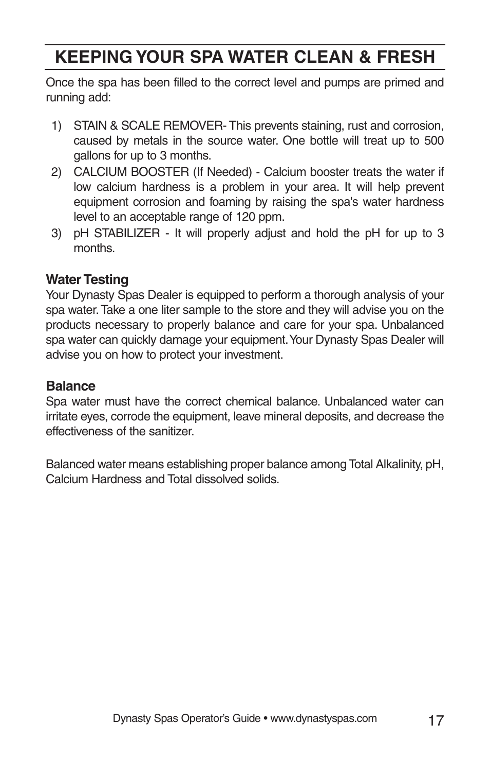 Keeping your spa water clean & fresh | Dynasty Spas 2008 User Manual | Page 17 / 28