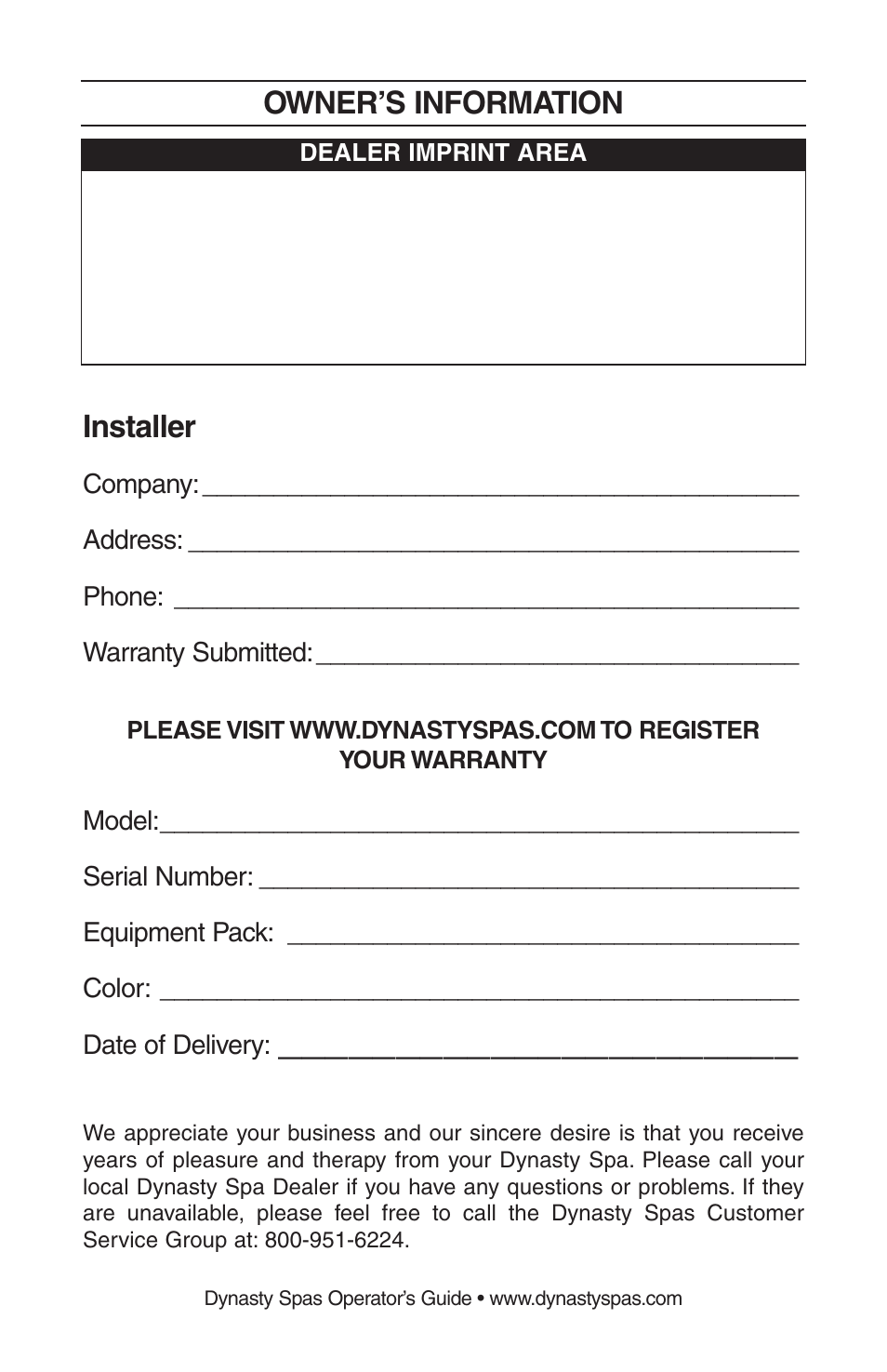 Installer, Owner’s information | Dynasty Spas 2008 User Manual | Page 2 / 28