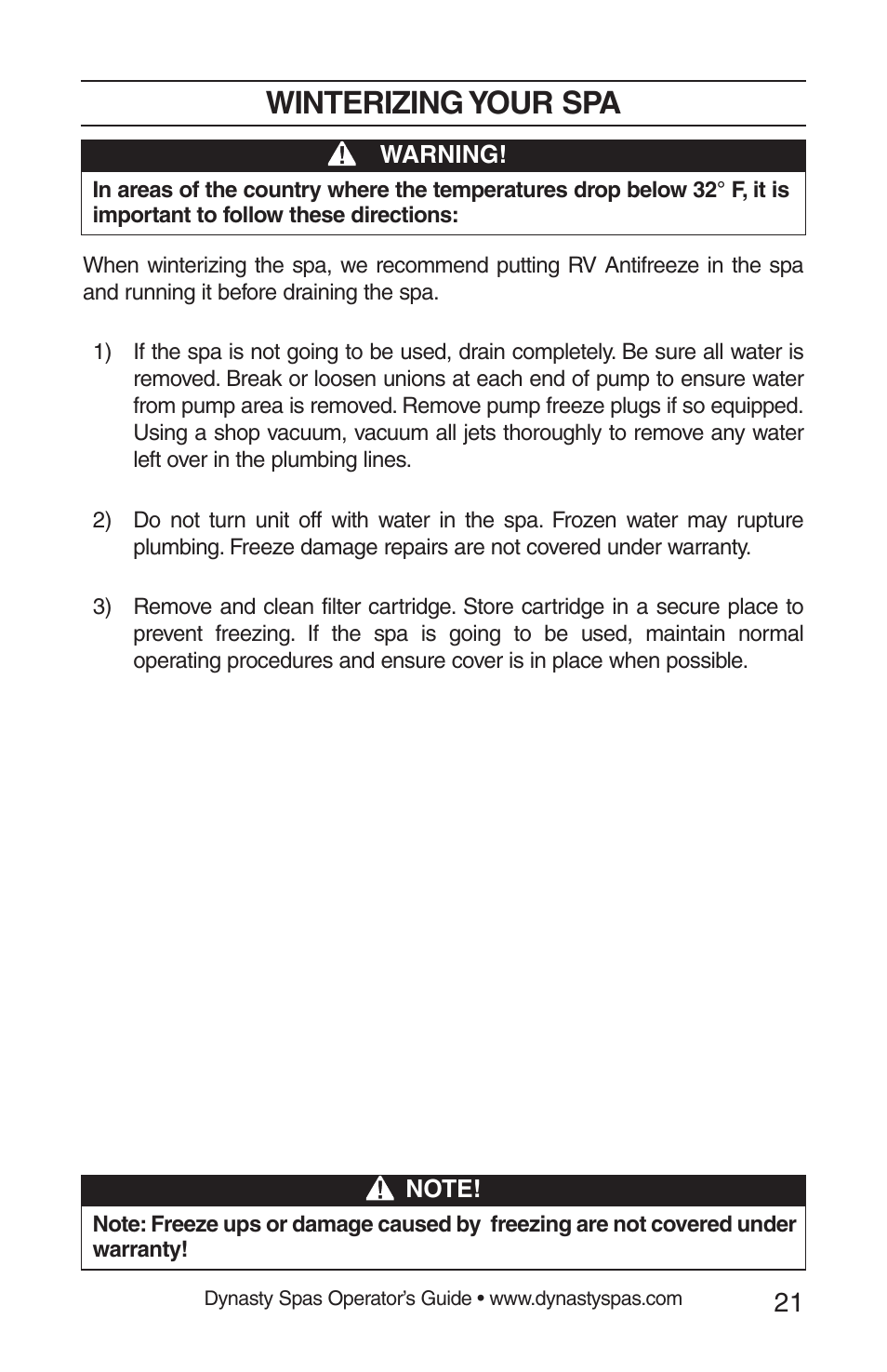 Winterizing your spa | Dynasty Spas 2008 User Manual | Page 21 / 28