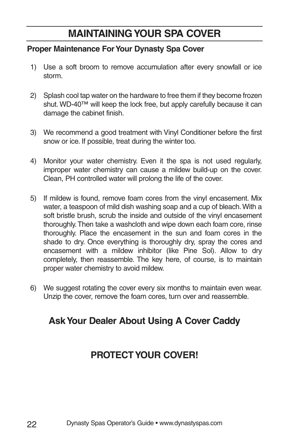 Maintaining your spa cover | Dynasty Spas 2008 User Manual | Page 22 / 28