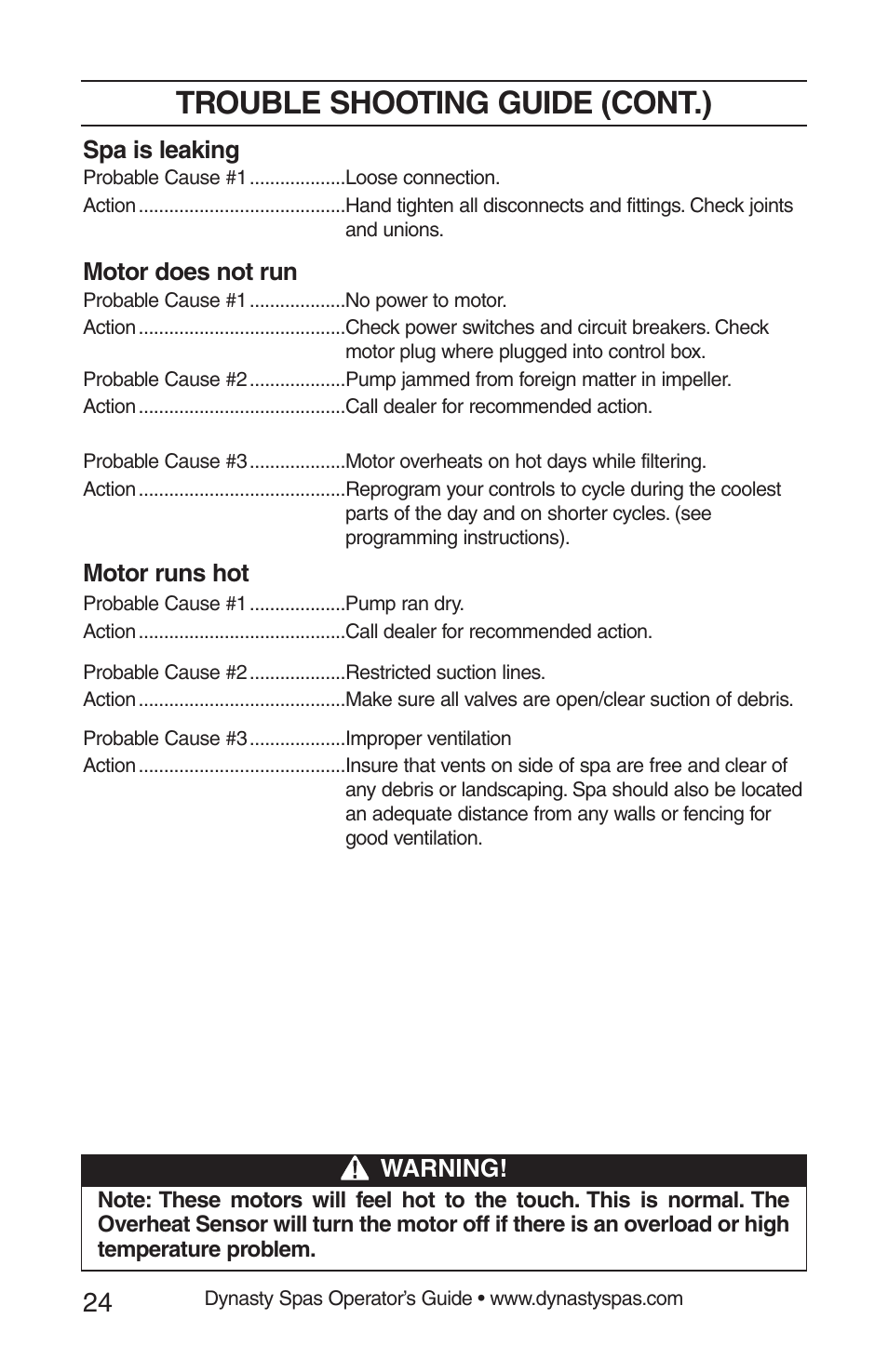 Trouble shooting guide (cont.) | Dynasty Spas 2008 User Manual | Page 24 / 28