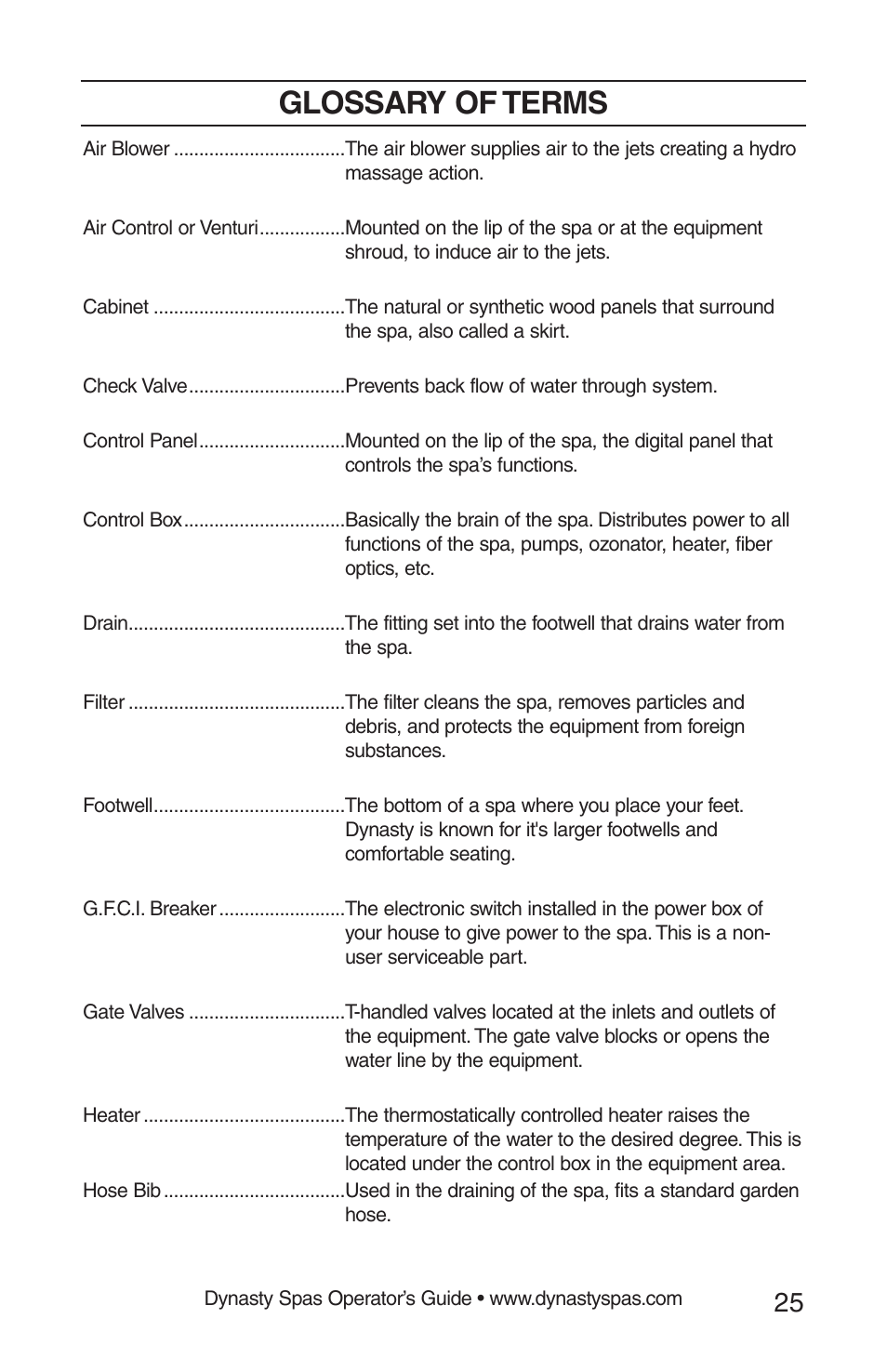 Glossary of terms | Dynasty Spas 2008 User Manual | Page 25 / 28