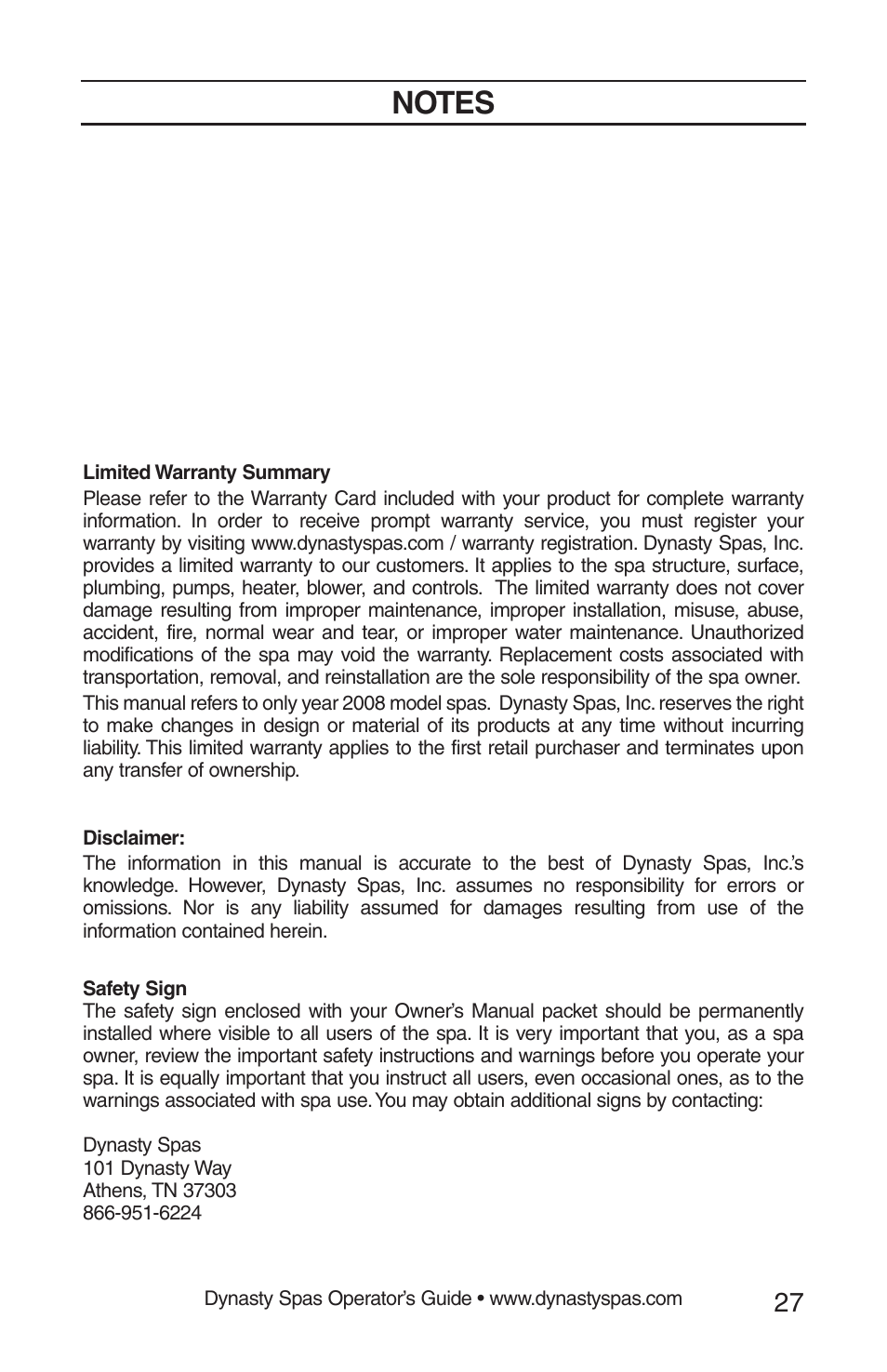 Dynasty Spas 2008 User Manual | Page 27 / 28