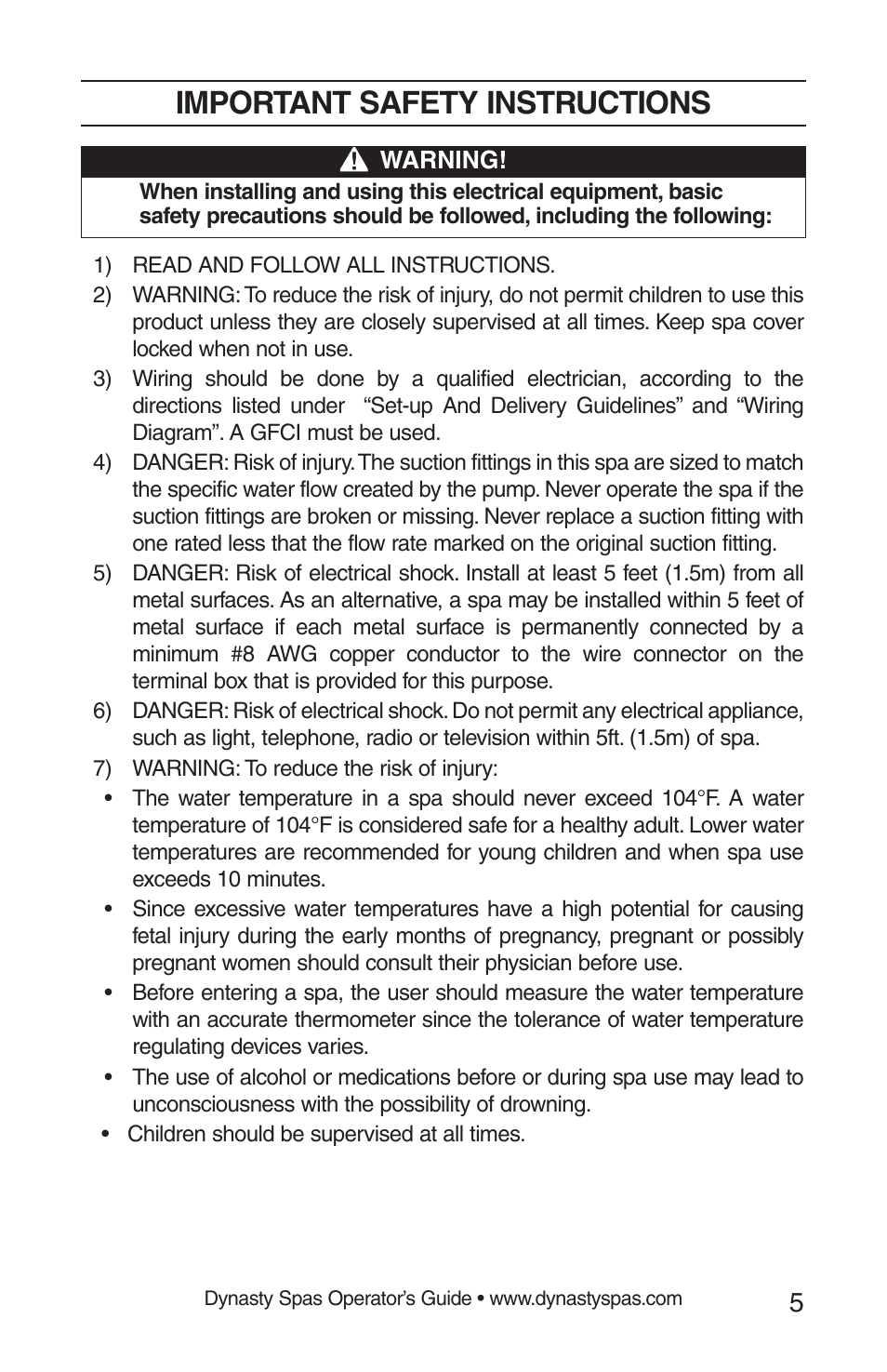 Important safety instructions | Dynasty Spas 2008 User Manual | Page 5 / 28