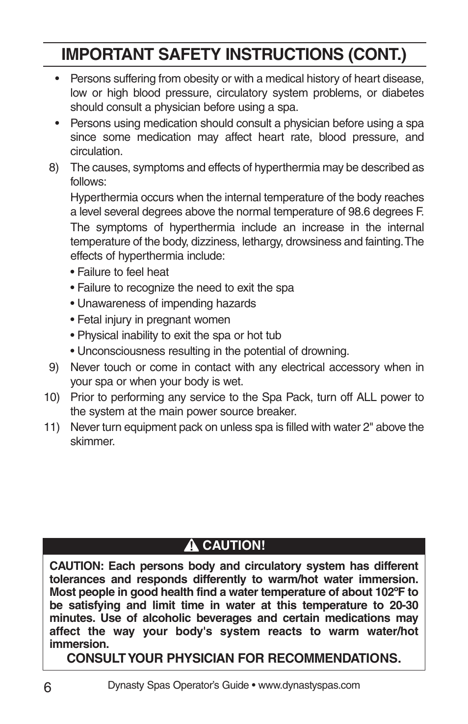 Important safety instructions (cont.) | Dynasty Spas 2008 User Manual | Page 6 / 28