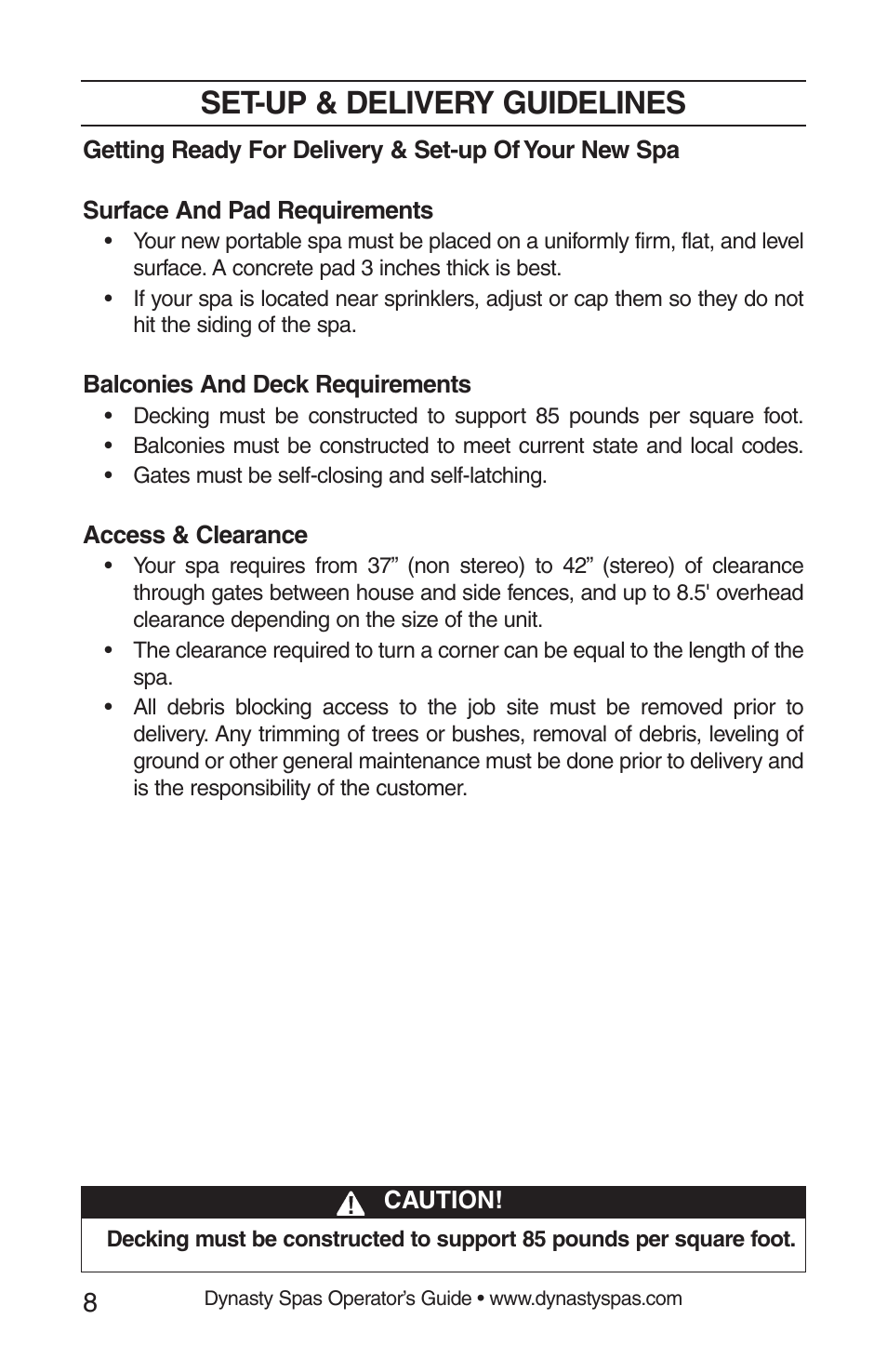 Set-up & delivery guidelines | Dynasty Spas 2008 User Manual | Page 8 / 28