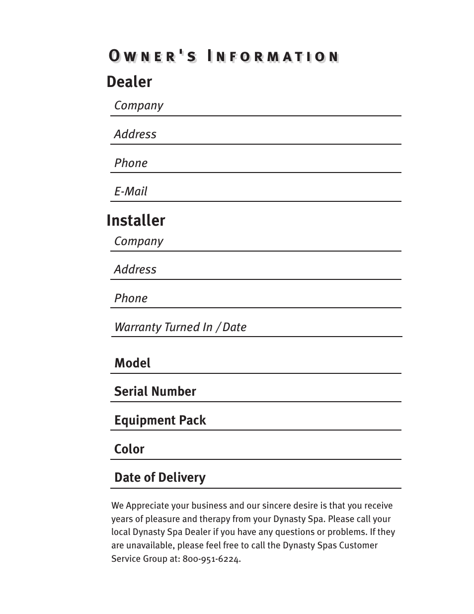Dealer installer | Dynasty Spas D-3000 User Manual | Page 2 / 33