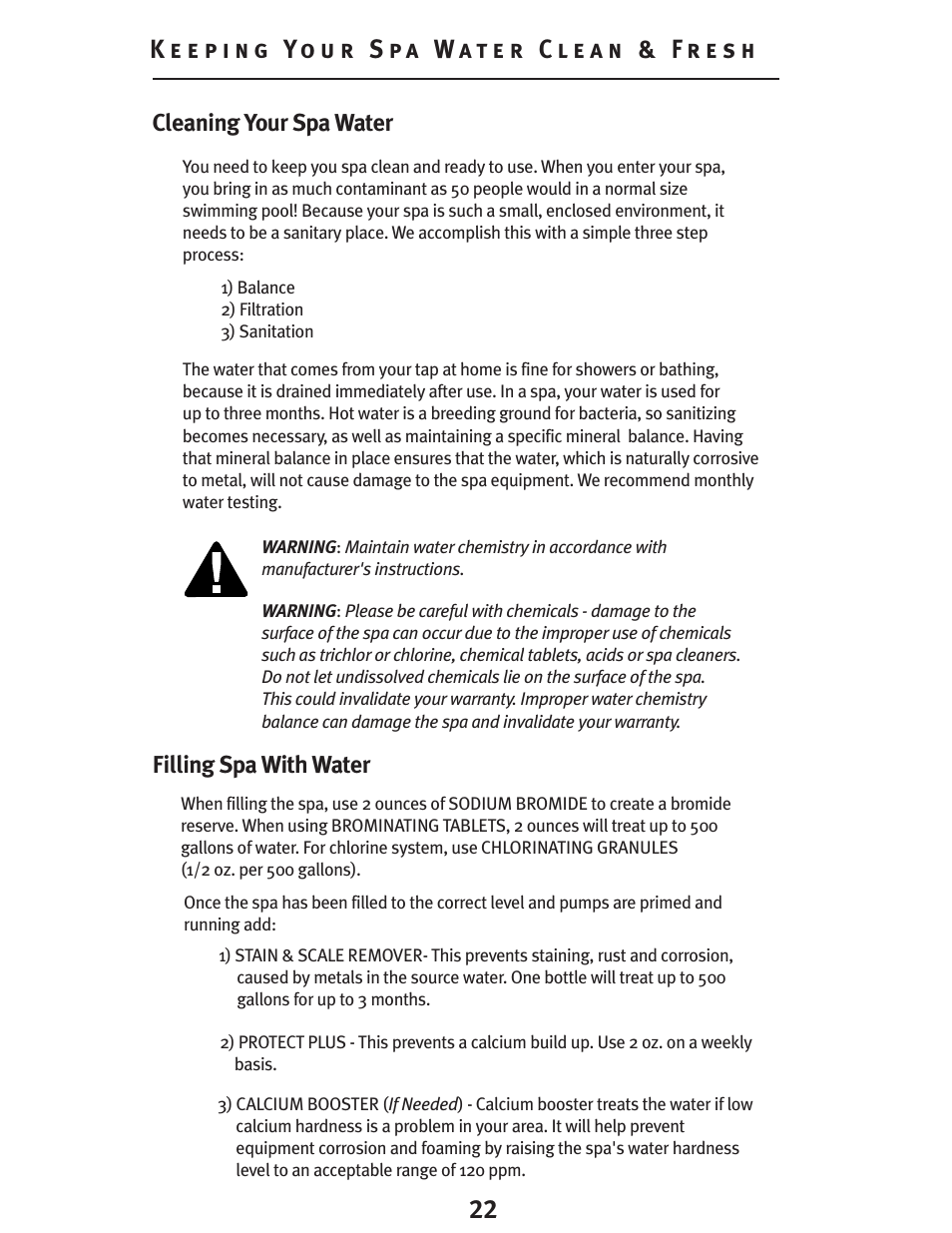 Cleaning your spa water filling spa with water | Dynasty Spas D-3000 User Manual | Page 22 / 33