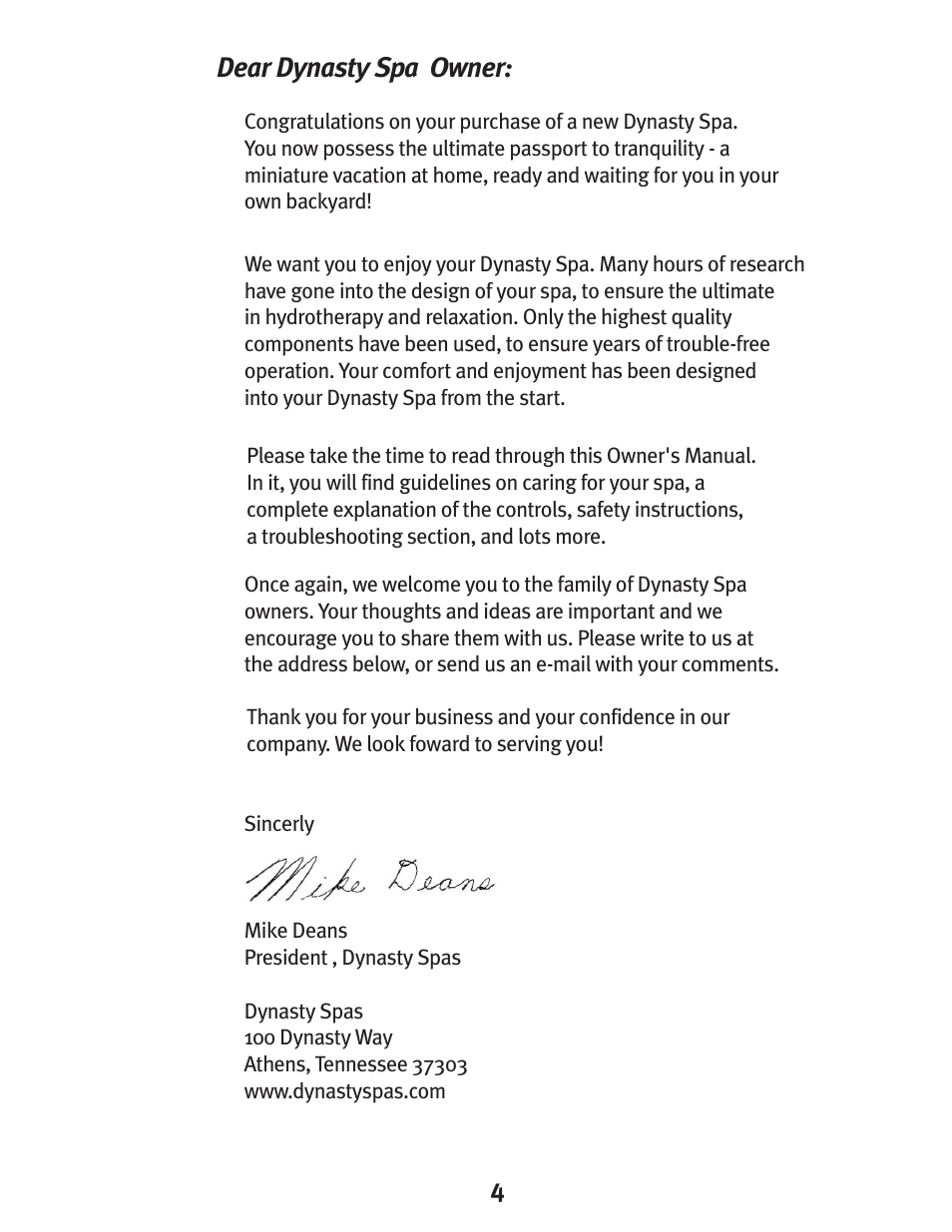 Dear dynasty spa owner | Dynasty Spas D-3000 User Manual | Page 4 / 33