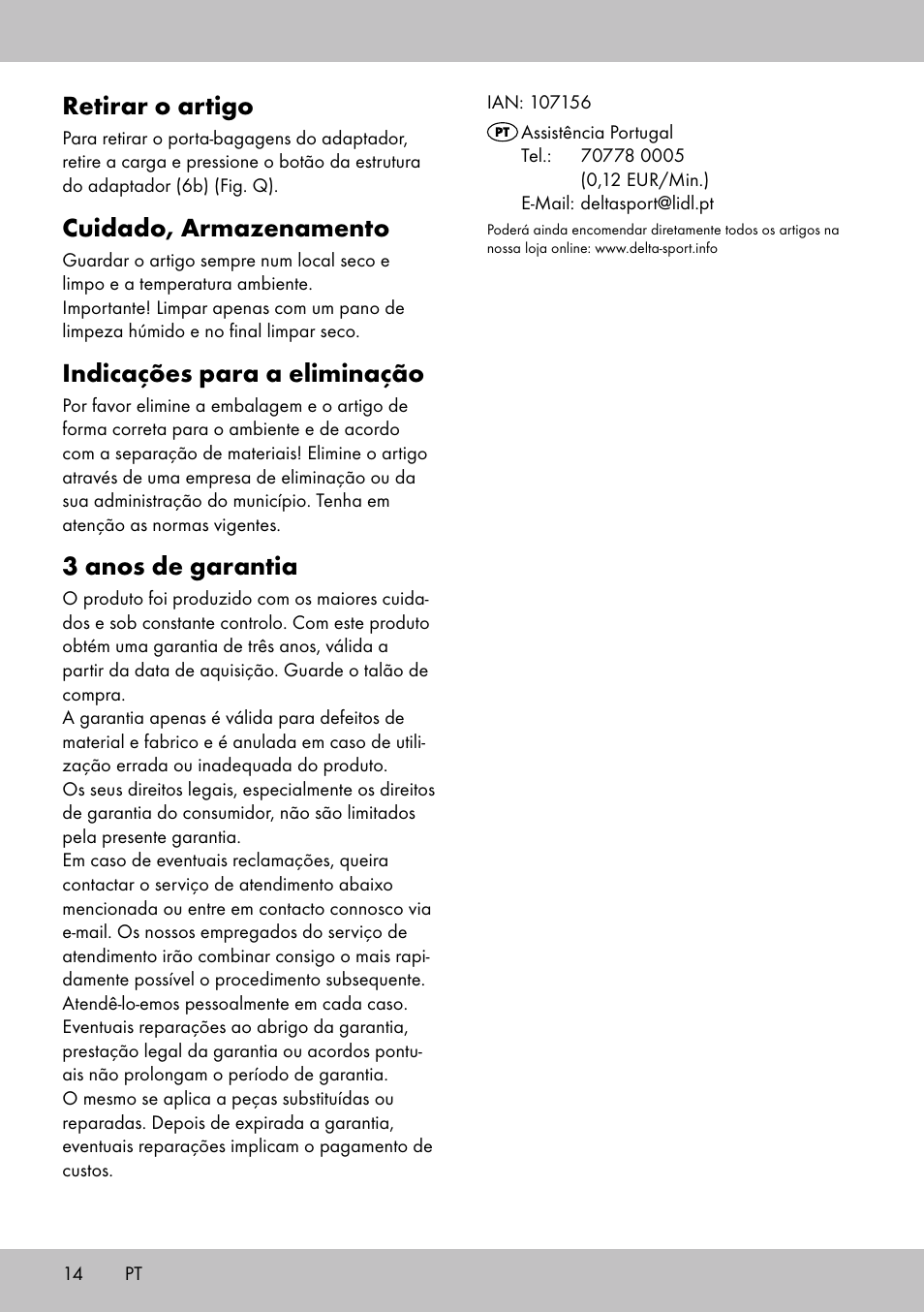 Retirar o artigo, Cuidado, armazenamento, Indicações para a eliminação | 3 anos de garantia | Topmove Luggage Rack A User Manual | Page 12 / 18