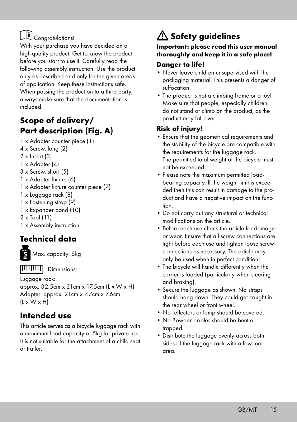 Scope of delivery/ part description (fig. a), Technical data, Intended use | Safety guidelines | Topmove Luggage Rack A User Manual | Page 13 / 18