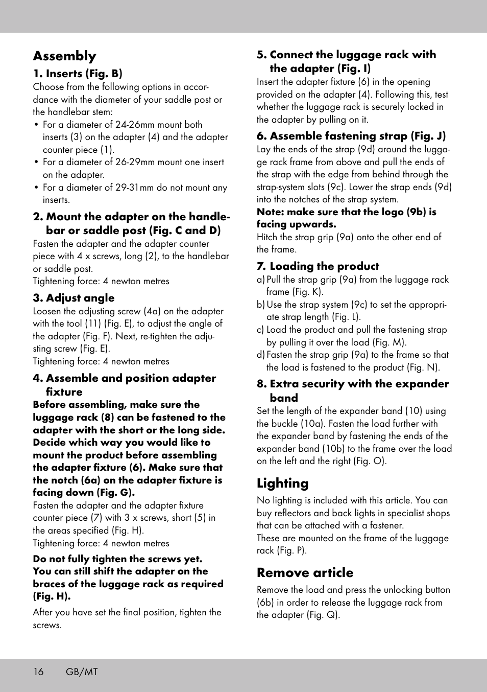 Assembly, Lighting, Remove article | Topmove Luggage Rack A User Manual | Page 14 / 18