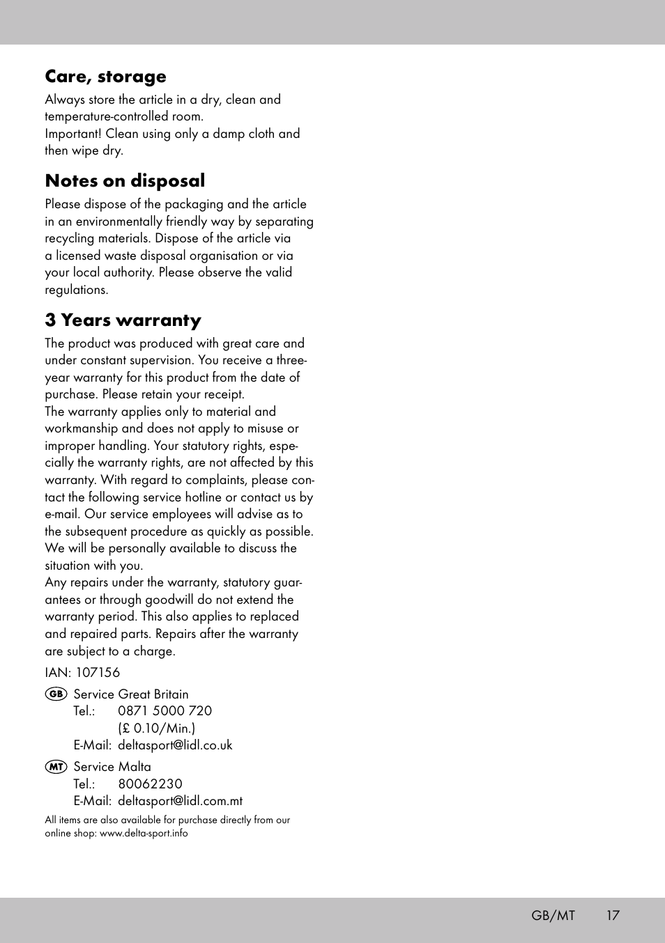 Care, storage, 3 years warranty | Topmove Luggage Rack A User Manual | Page 15 / 18