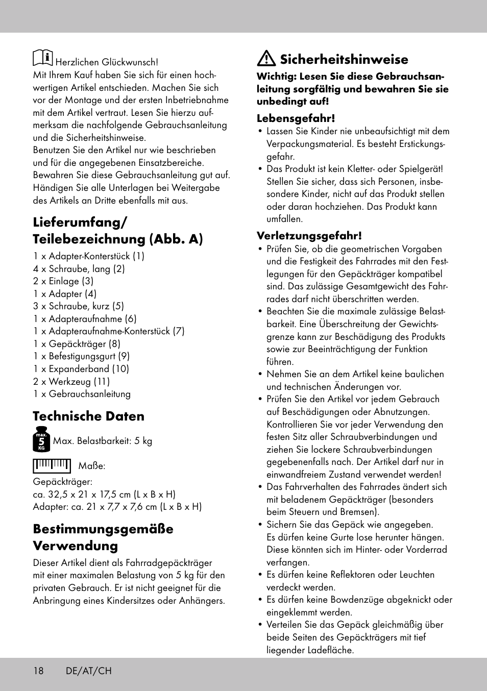 Lieferumfang/ teilebezeichnung (abb. a), Technische daten, Bestimmungsgemäße verwendung | Sicherheitshinweise | Topmove Luggage Rack A User Manual | Page 16 / 18