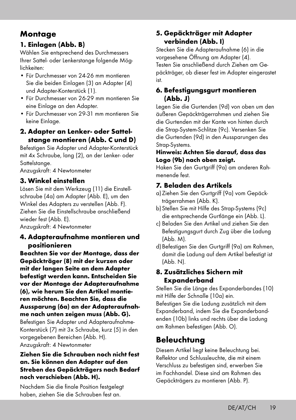 Montage, Beleuchtung | Topmove Luggage Rack A User Manual | Page 17 / 18