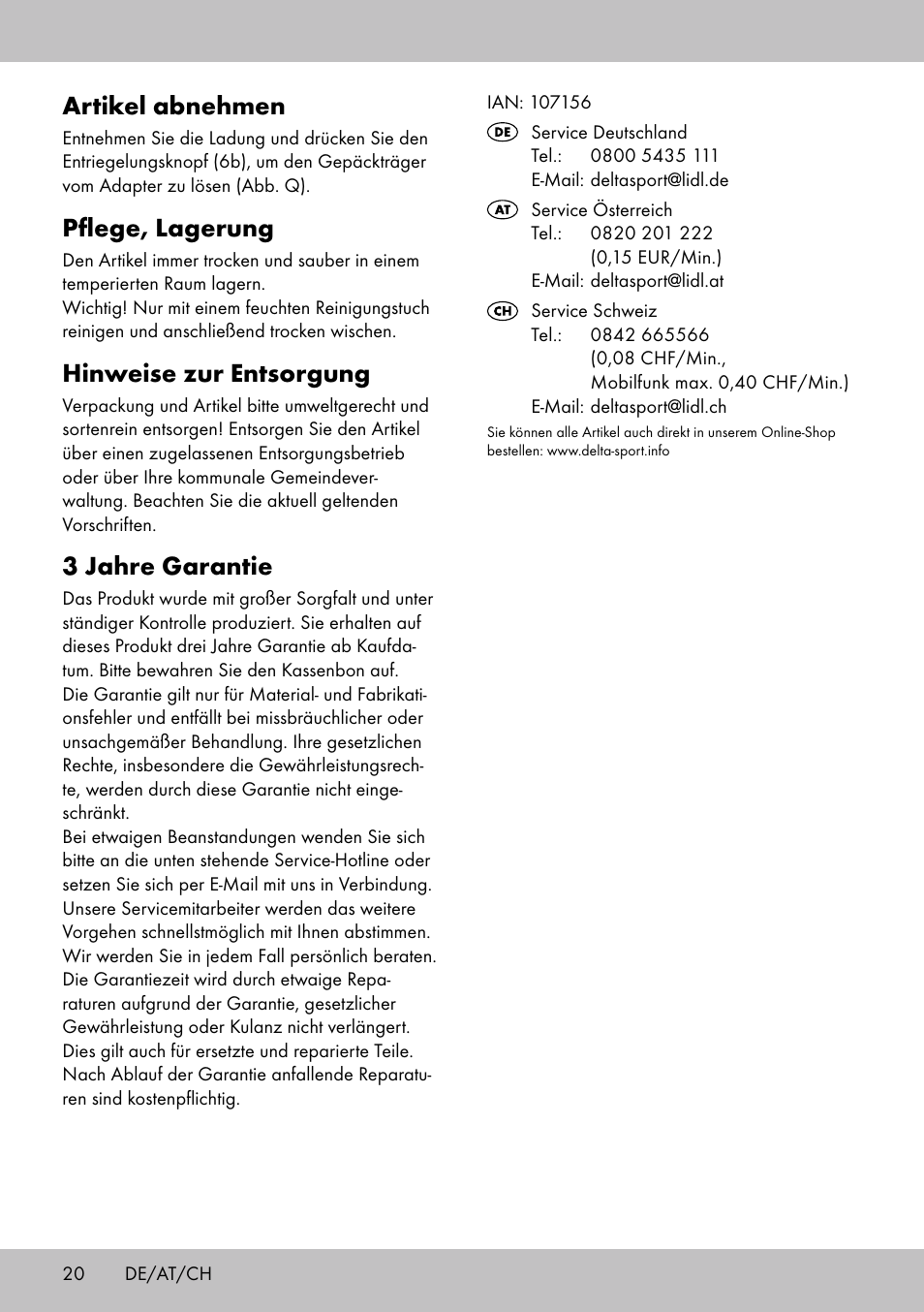 Artikel abnehmen, Pflege, lagerung, Hinweise zur entsorgung | 3 jahre garantie | Topmove Luggage Rack A User Manual | Page 18 / 18