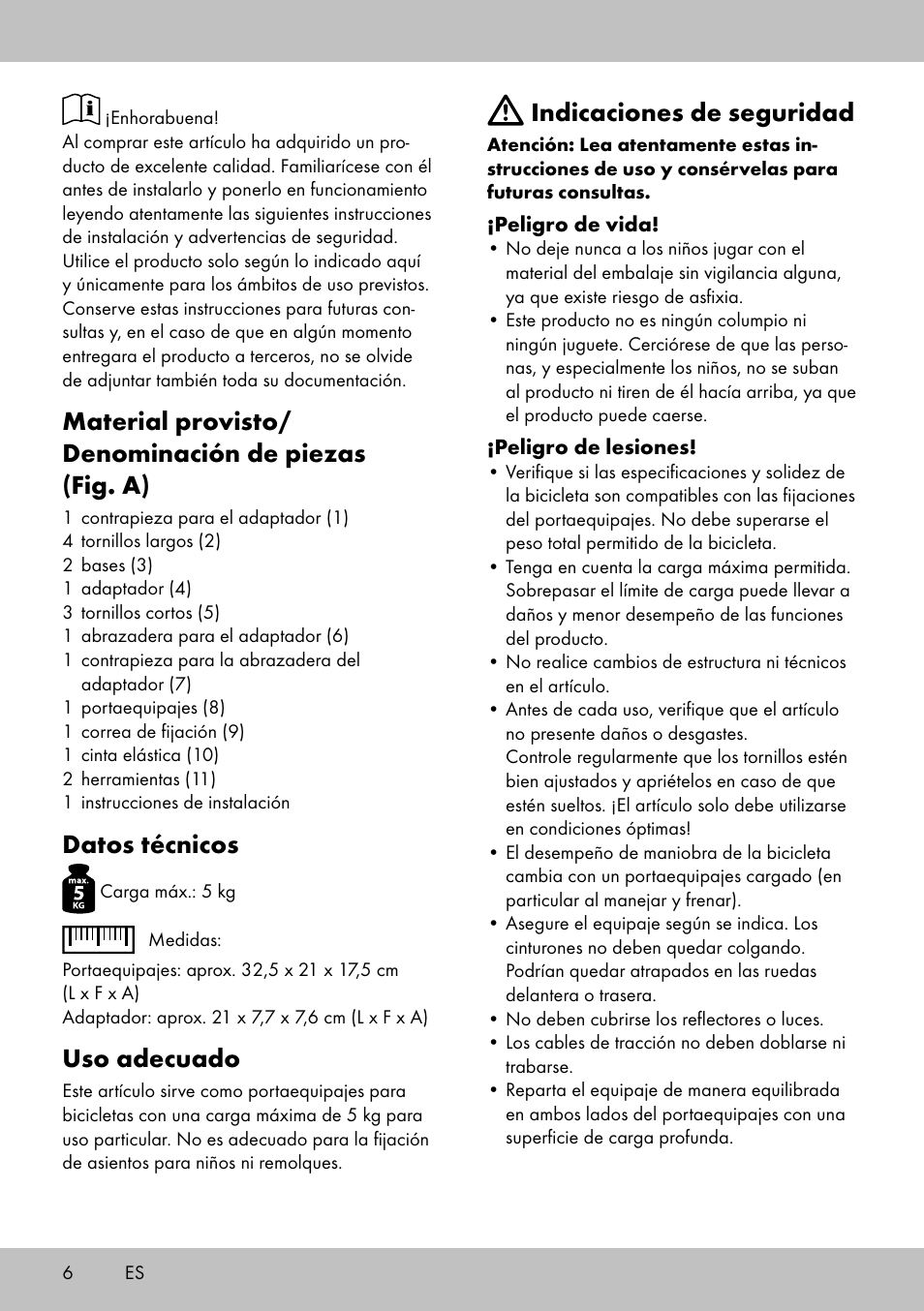 Material provisto/ denominación de piezas (fig. a), Datos técnicos, Uso adecuado | Indicaciones de seguridad | Topmove Luggage Rack A User Manual | Page 4 / 18