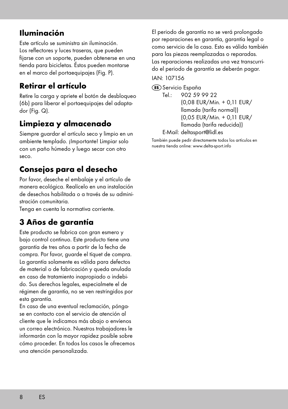 Iluminación, Retirar el artículo, Limpieza y almacenado | Consejos para el desecho, 3 años de garantía | Topmove Luggage Rack A User Manual | Page 6 / 18