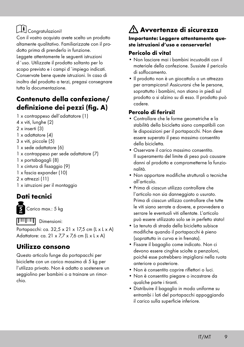 Dati tecnici, Utilizzo consono, Avvertenze di sicurezza | Topmove Luggage Rack A User Manual | Page 7 / 18