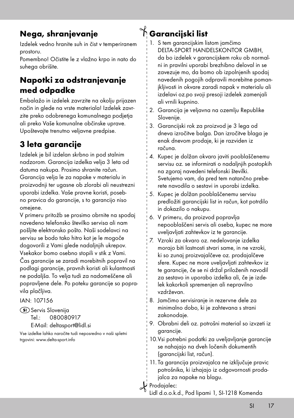 Nega, shranjevanje, Napotki za odstranjevanje med odpadke, 3 leta garancije | Garancijski list | Topmove Luggage Rack A User Manual | Page 15 / 26