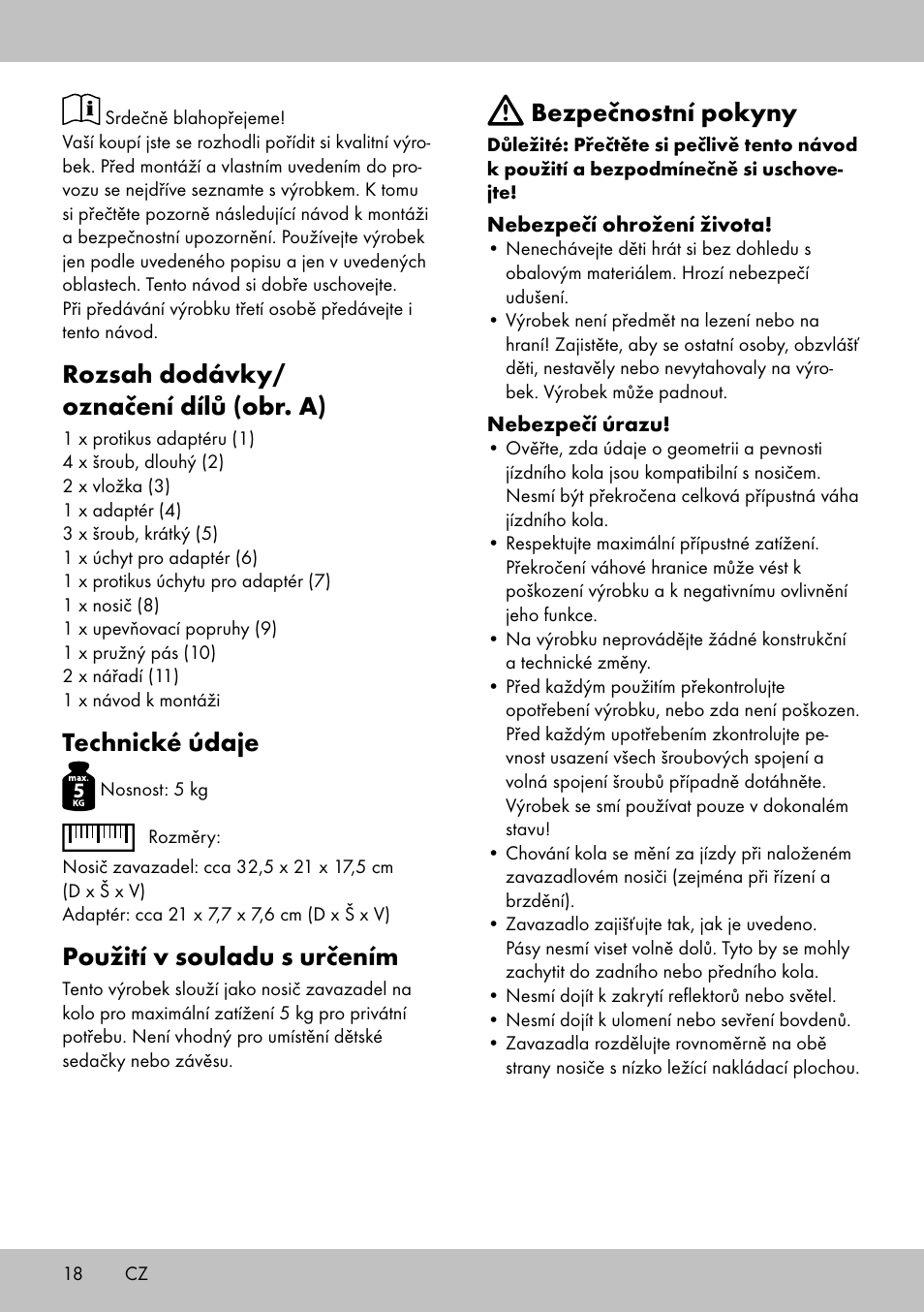 Rozsah dodávky/ označení dílů (obr. a), Technické údaje, Použití v souladu s určením | Bezpečnostní pokyny | Topmove Luggage Rack A User Manual | Page 16 / 26