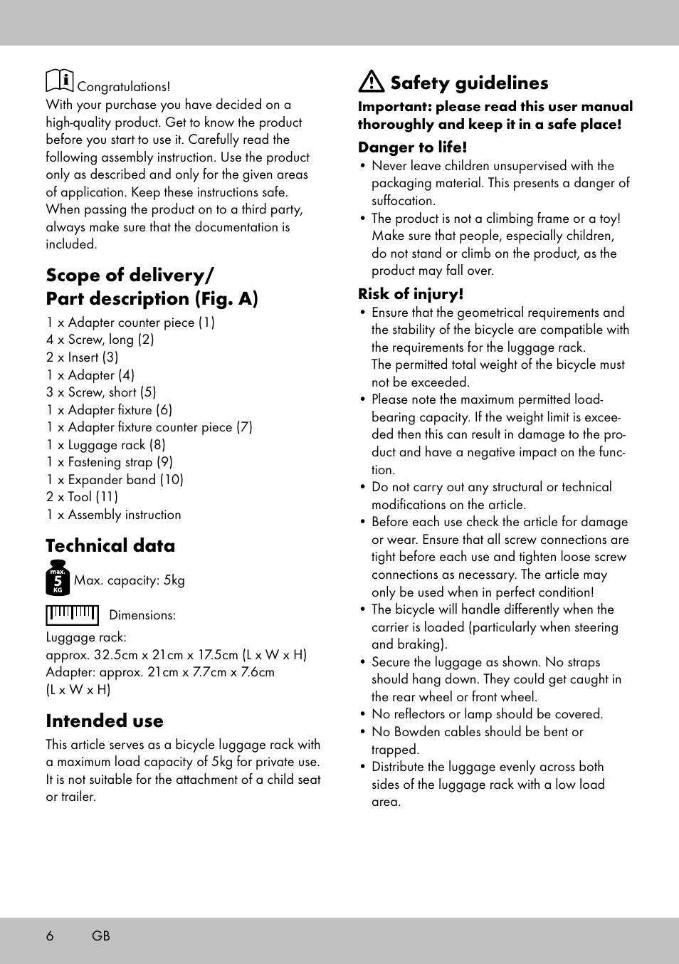 Scope of delivery/ part description (fig. a), Technical data, Intended use | Safety guidelines | Topmove Luggage Rack A User Manual | Page 4 / 26