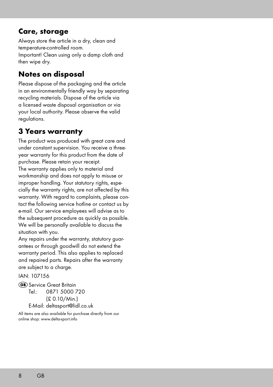 Care, storage, 3 years warranty | Topmove Luggage Rack A User Manual | Page 6 / 26