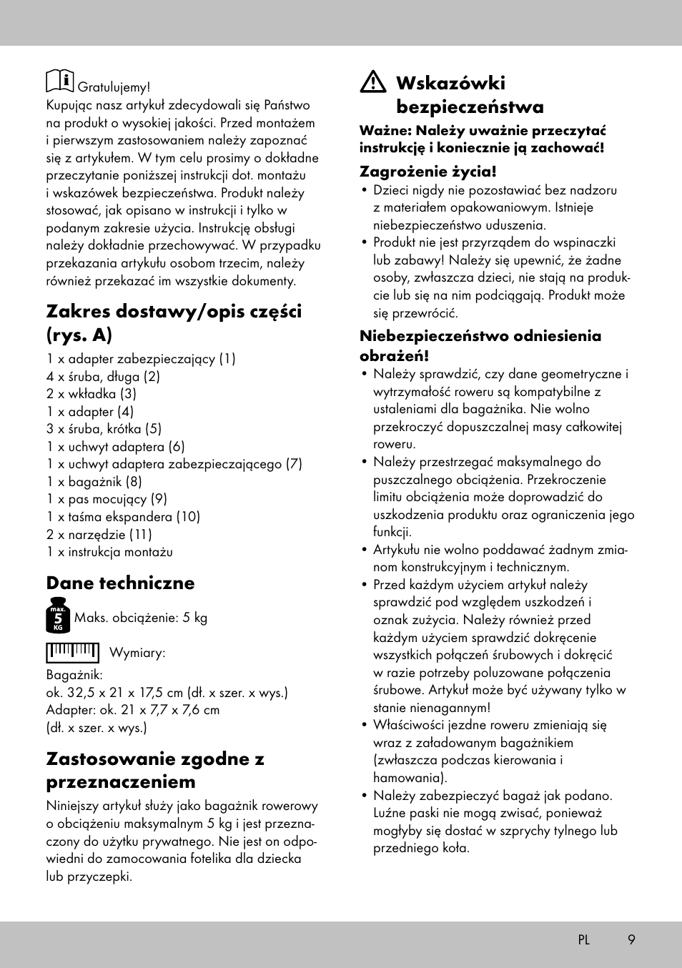 Zakres dostawy/opis części (rys. a), Dane techniczne, Zastosowanie zgodne z przeznaczeniem | Wskazówki bezpieczeństwa | Topmove Luggage Rack A User Manual | Page 7 / 26