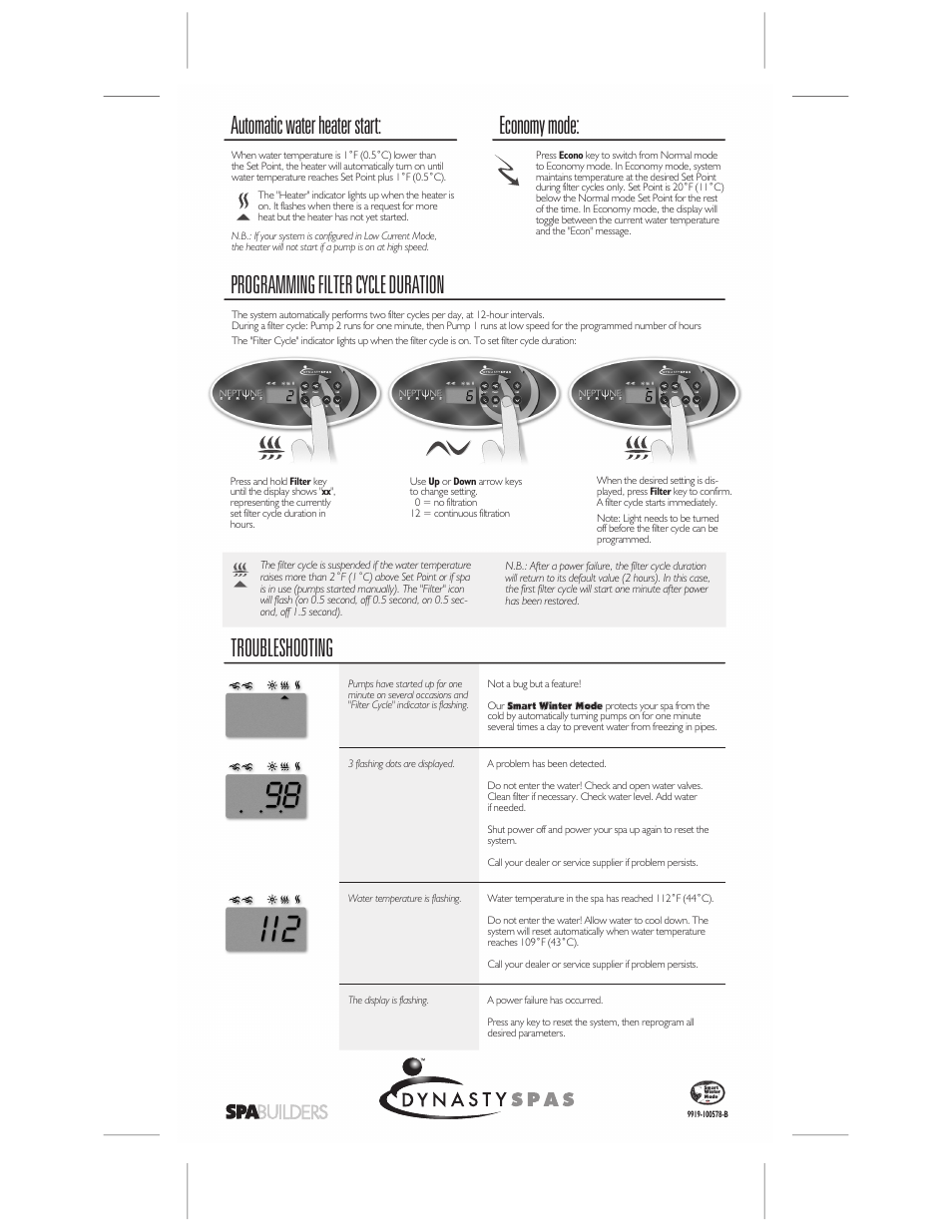 Troubleshooting, Automatic water heater start, Economy mode: programming filter cycle duration | Dynasty Spas 9919-100578-B User Manual | Page 2 / 2