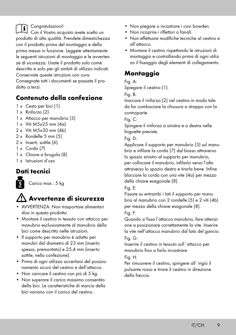 Montaggio, Contenuto della confezione, Dati tecnici | Avvertenze di sicurezza | Topmove Bike Basket LT-1542 User Manual | Page 7 / 10