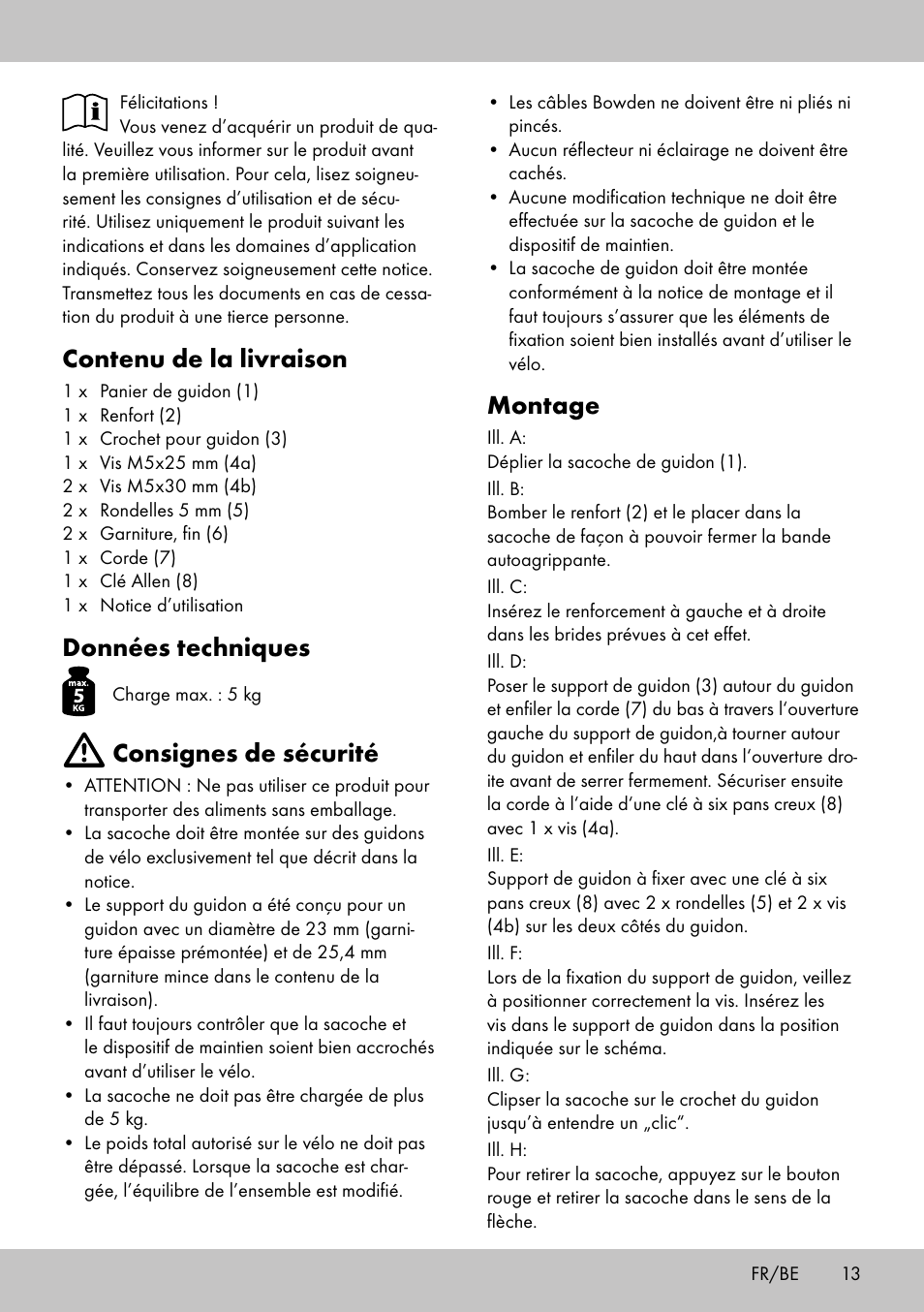 Montage, Contenu de la livraison, Données techniques | Consignes de sécurité | Topmove Bike Basket LT-1542 User Manual | Page 11 / 18