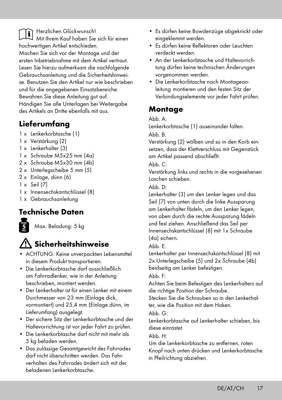 Montage, Lieferumfang, Technische daten | Sicherheitshinweise | Topmove Bike Basket LT-1542 User Manual | Page 15 / 18