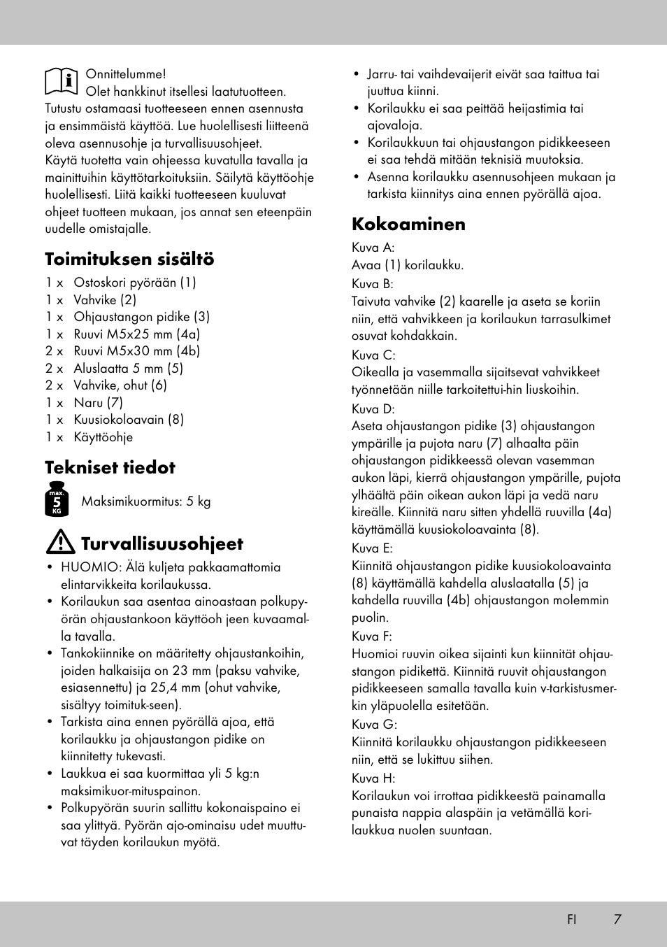 Kokoaminen, Toimituksen sisältö, Tekniset tiedot | Turvallisuusohjeet | Topmove Bike Basket LT-1542 User Manual | Page 5 / 18