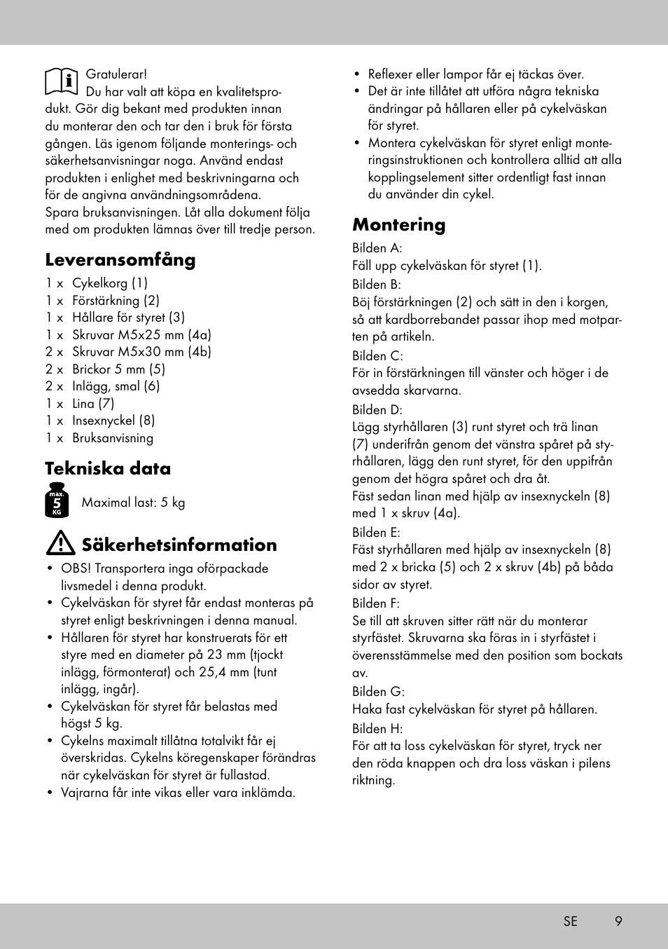 Montering, Leveransomfång, Tekniska data | Säkerhetsinformation | Topmove Bike Basket LT-1542 User Manual | Page 7 / 18