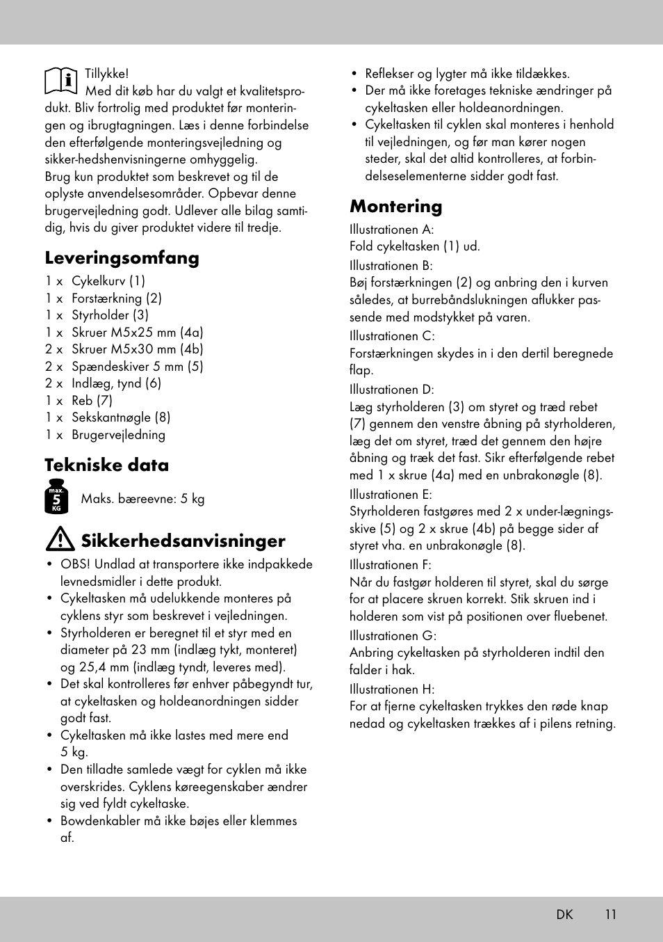 Montering, Leveringsomfang, Tekniske data | Sikkerhedsanvisninger | Topmove Bike Basket LT-1542 User Manual | Page 9 / 18