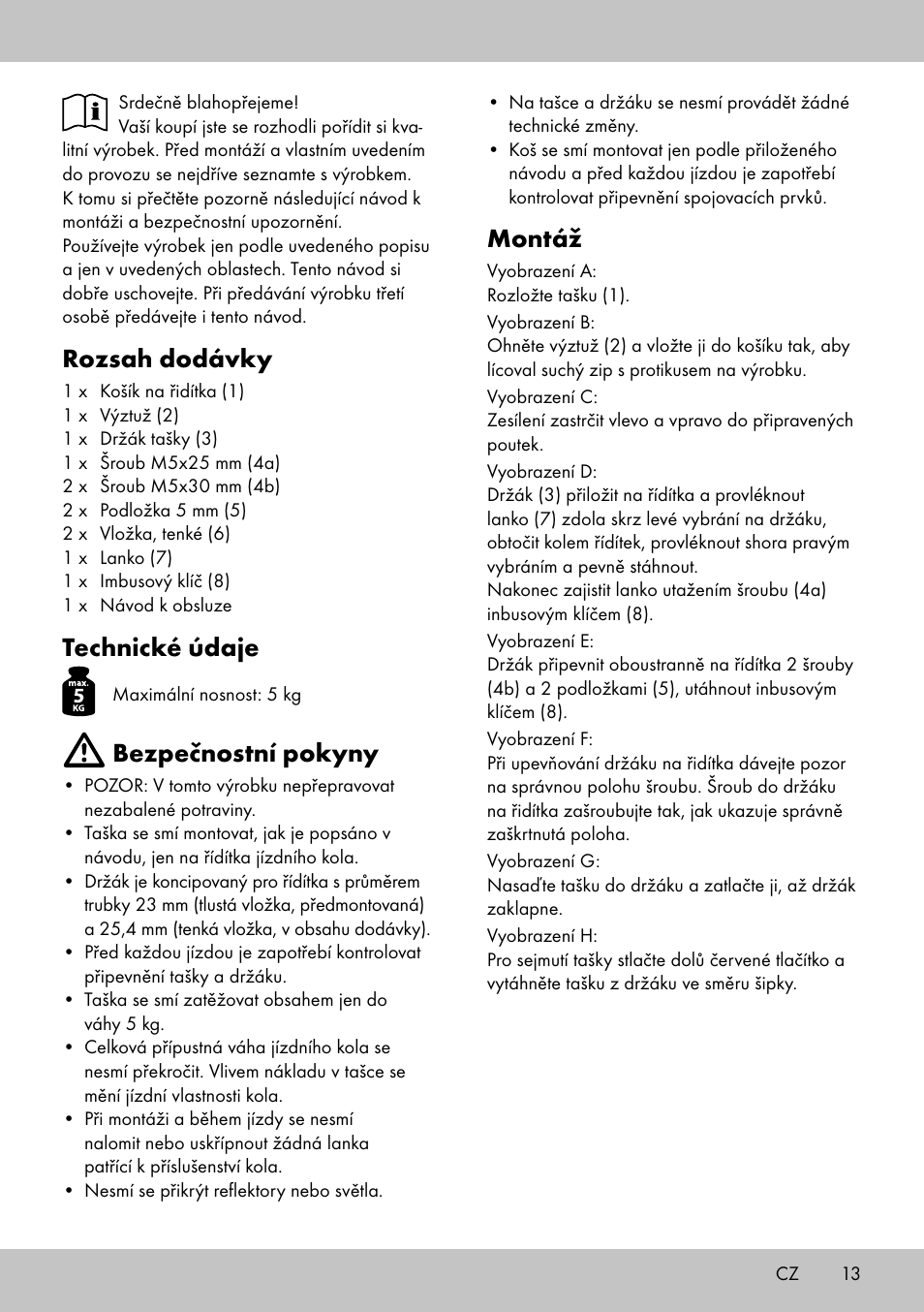 Montáž, Rozsah dodávky, Technické údaje | Bezpečnostní pokyny | Topmove Bike Basket LT-1542 User Manual | Page 11 / 18