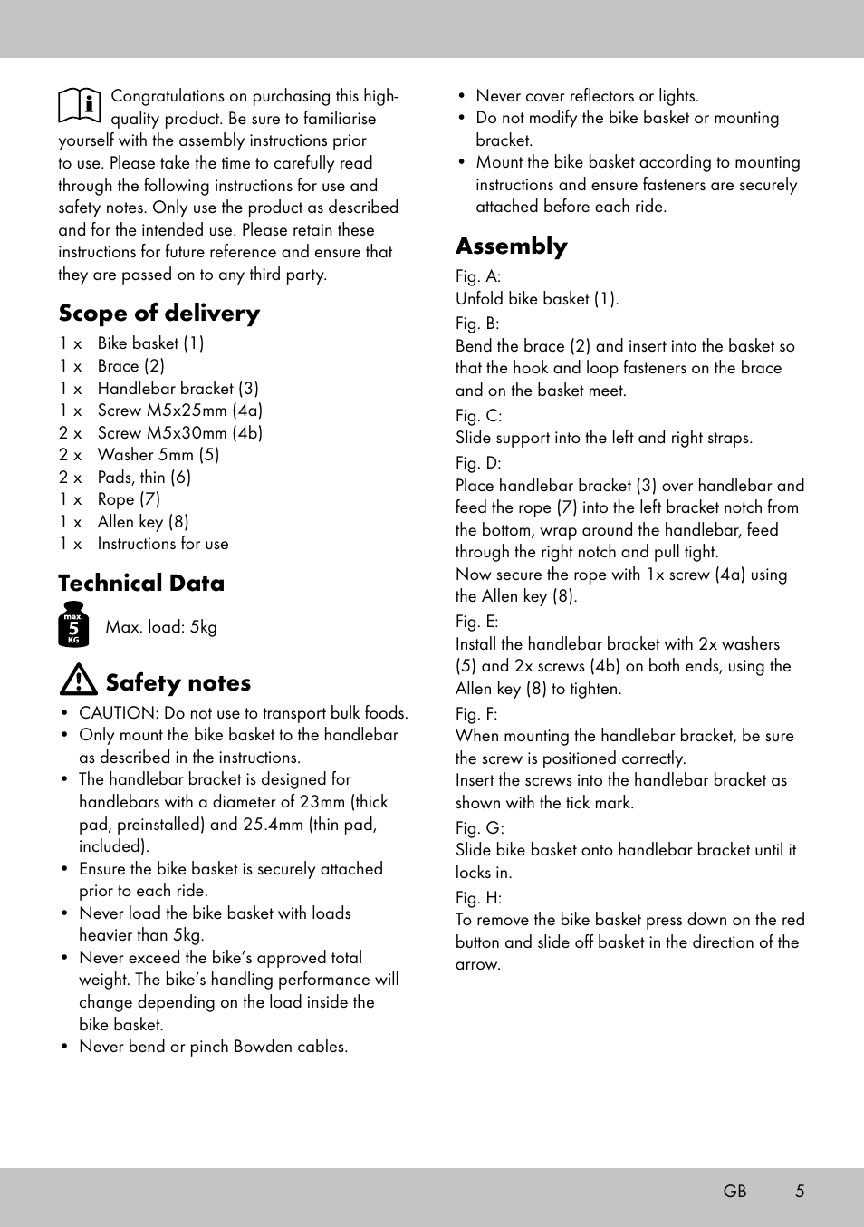 Assembly, Scope of delivery, Technical data | Topmove Bike Basket LT-1542 User Manual | Page 3 / 18