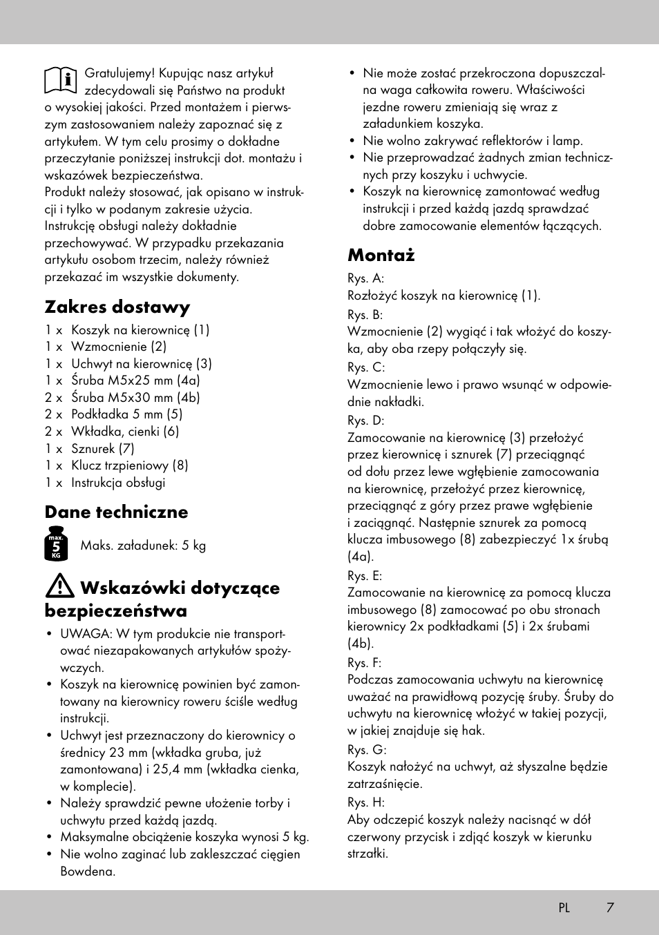 Montaż, Zakres dostawy, Dane techniczne | Wskazówki dotyczące bezpieczeństwa | Topmove Bike Basket LT-1542 User Manual | Page 5 / 18